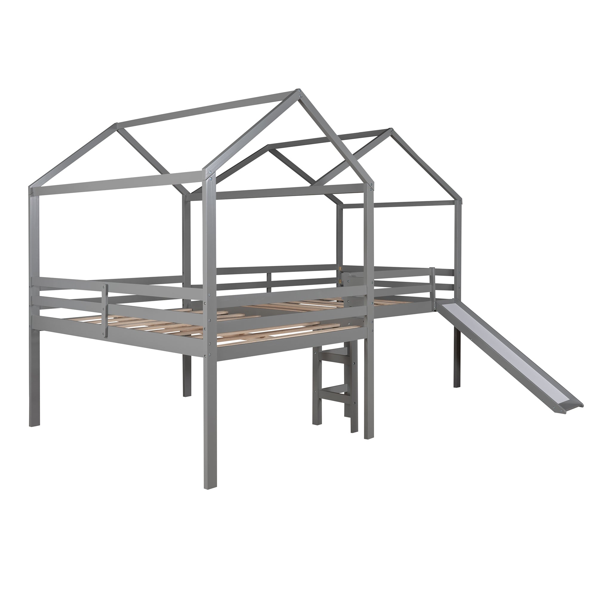 Full size Loft Bed Wood Bed with Roof (Gray)