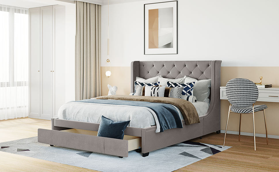 Queen Size Storage Bed Velvet Upholstered Platform Bed with Wingback Headboard and a Big Drawer (Gray)