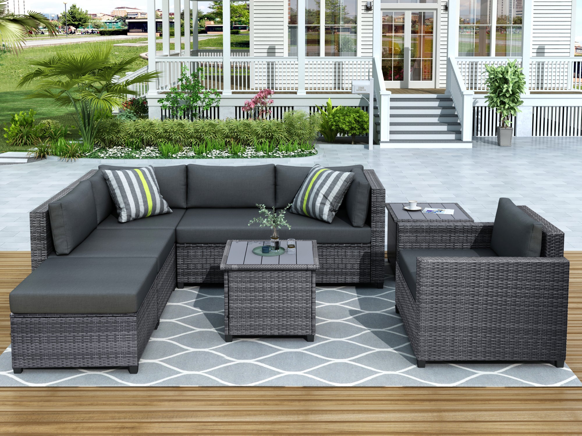 8 Piece Rattan Sectional Seating Group with Cushions Patio Furniture Sets (Gray)