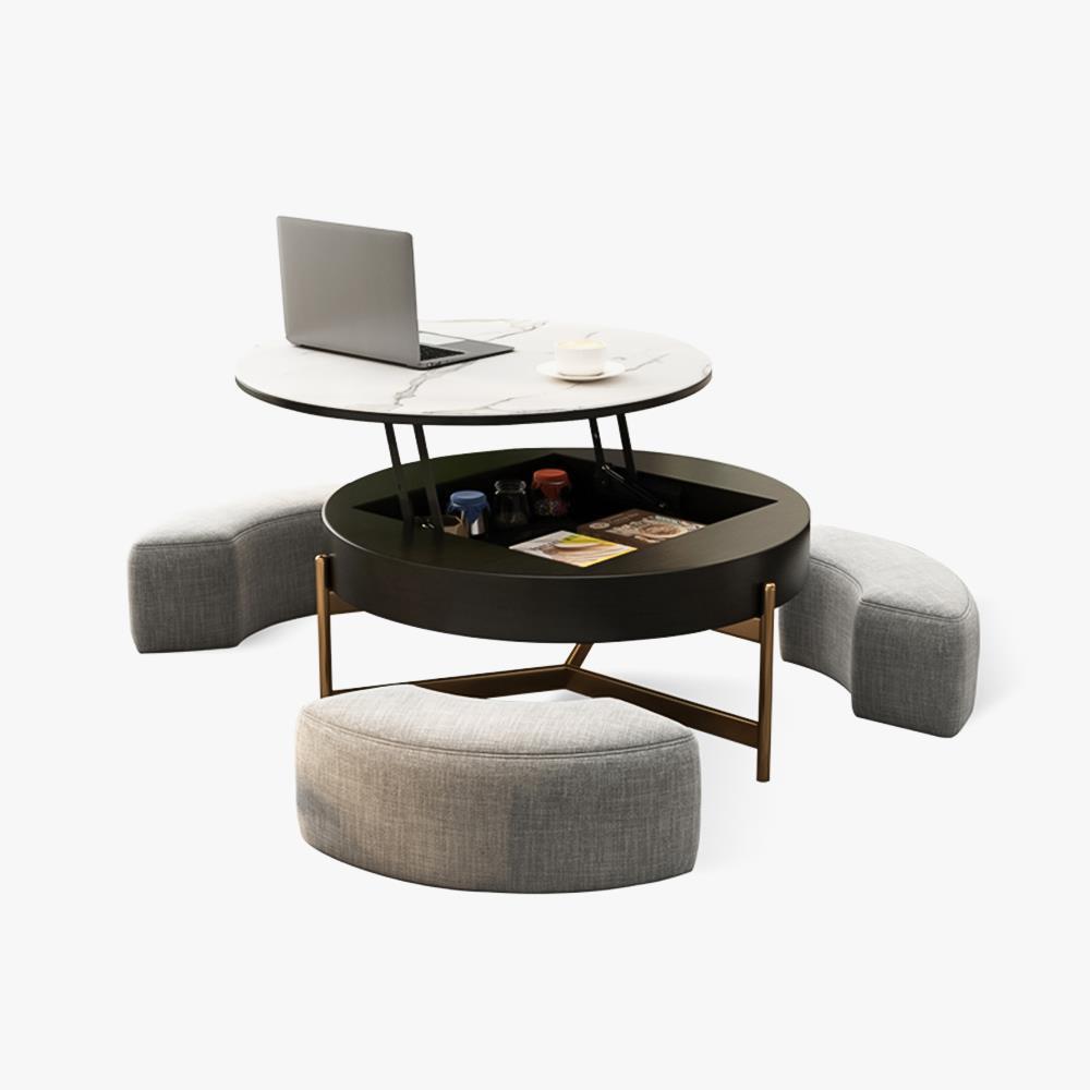 31" Aiona Lift Round Modern Coffee Table with 3 Footrests (Black)