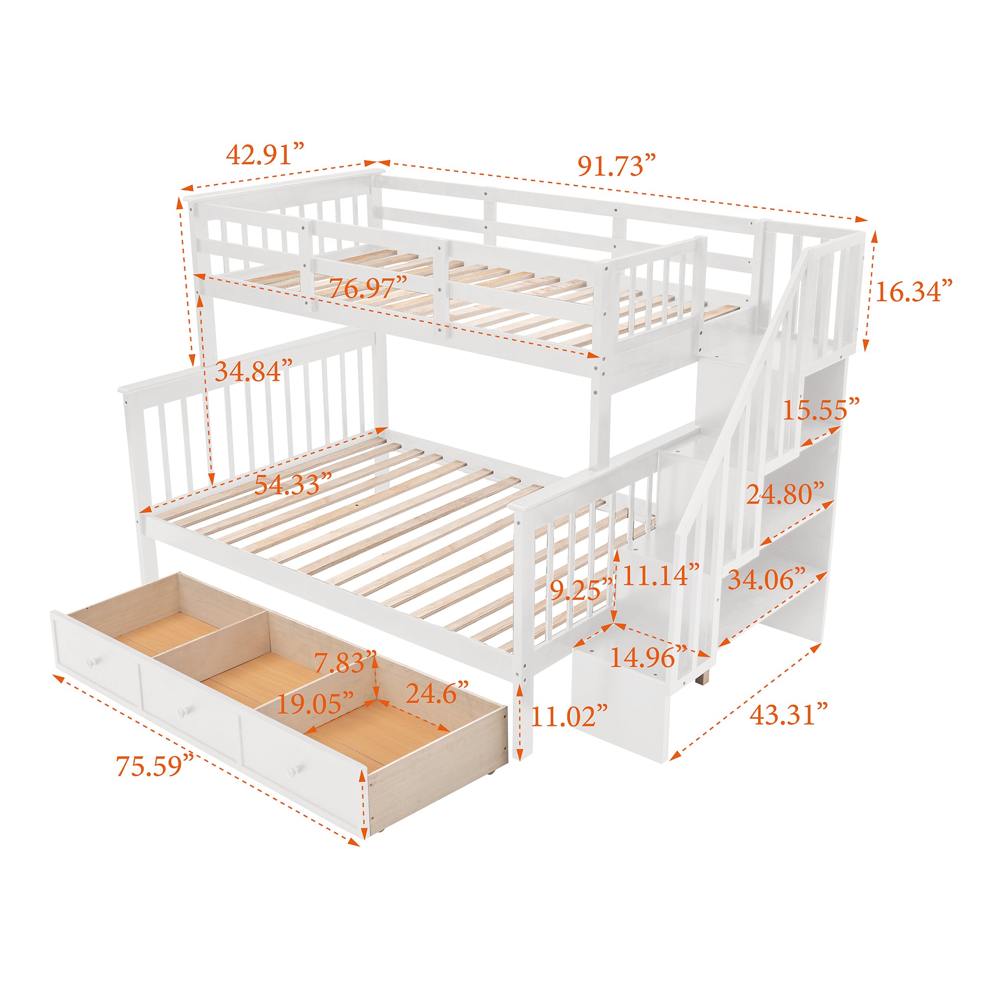 Stairway Twin-Over-Full Bunk Bed with Drawer (White)