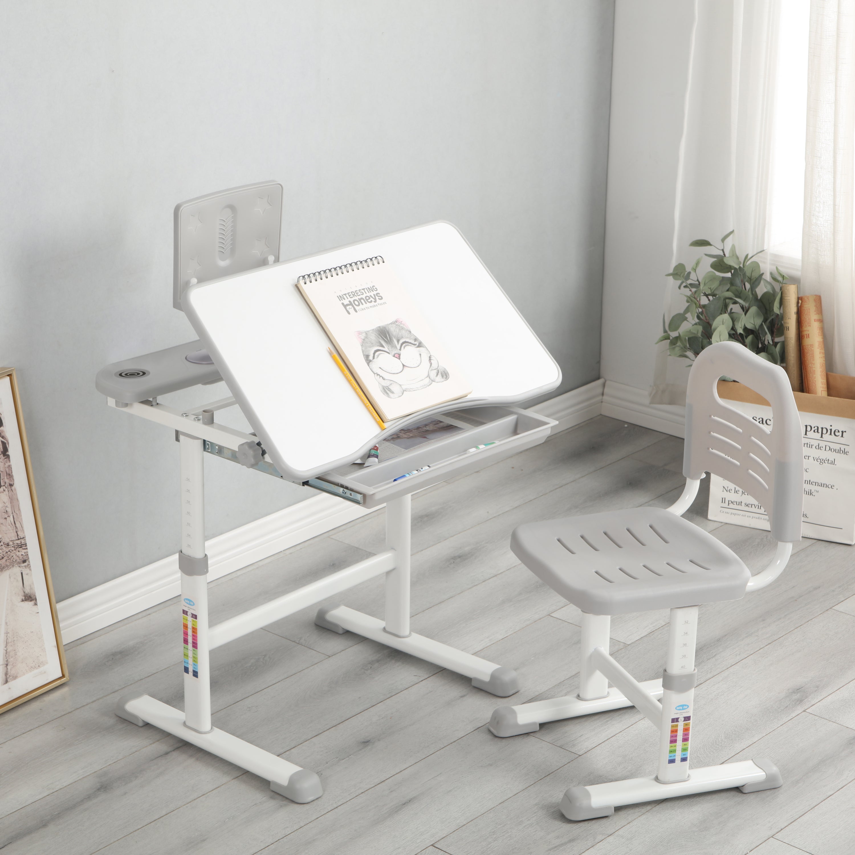Adjustable Kids Study Table & Chair Set (Grey)