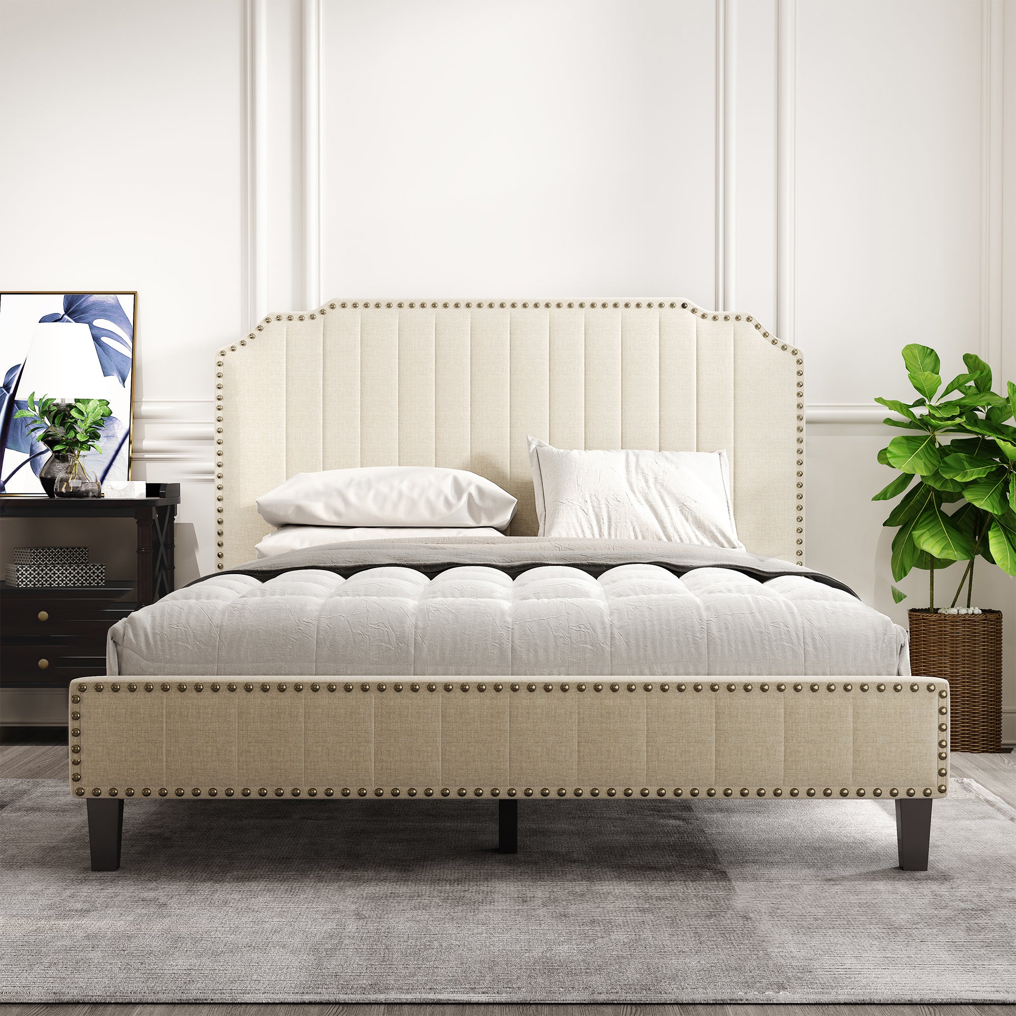 Modern Linen Curved Upholstered Platform Bed Solid Wood Frame Queen (Cream)