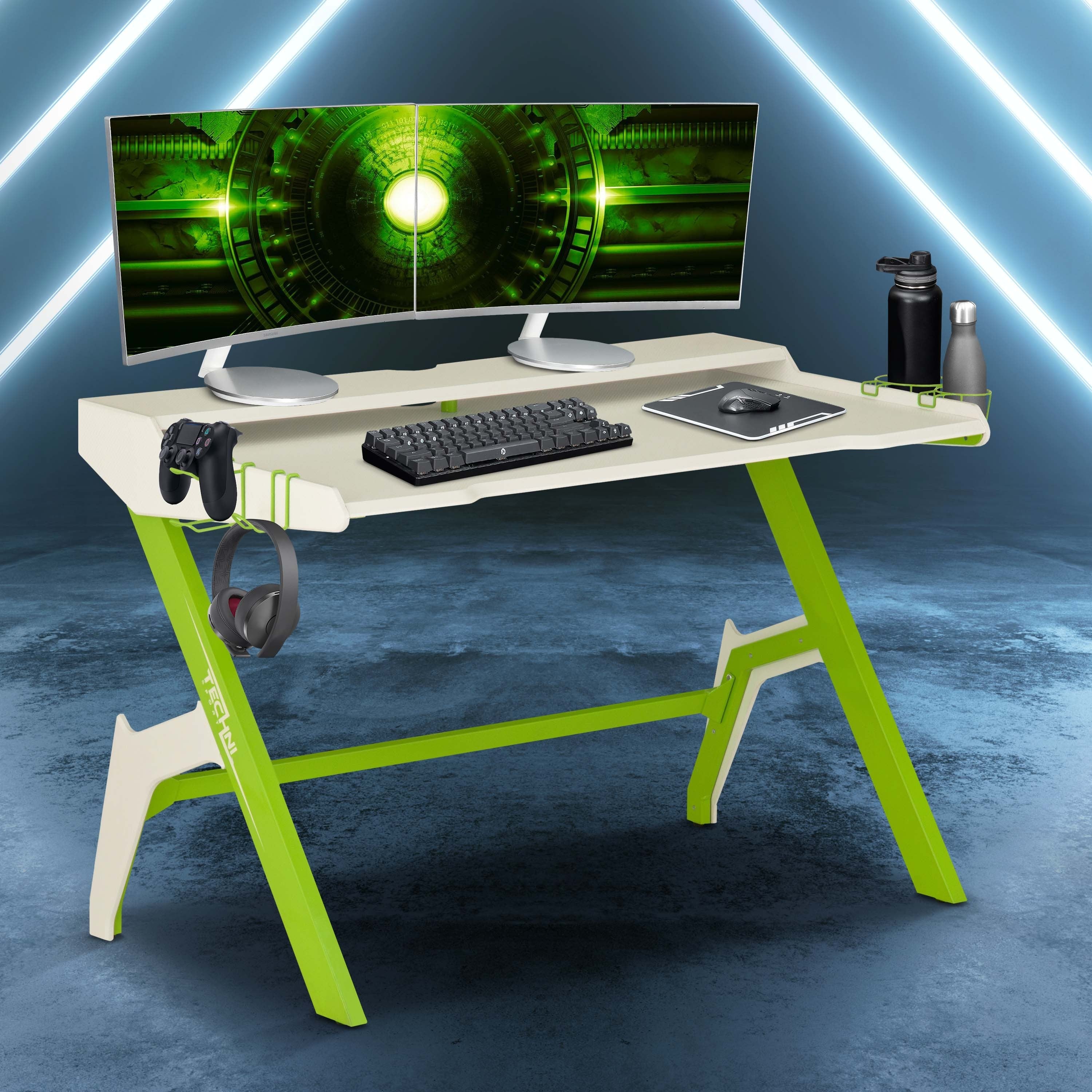 Gaming  Desk Workstation with Cupholder & Headphone Hook (Green)