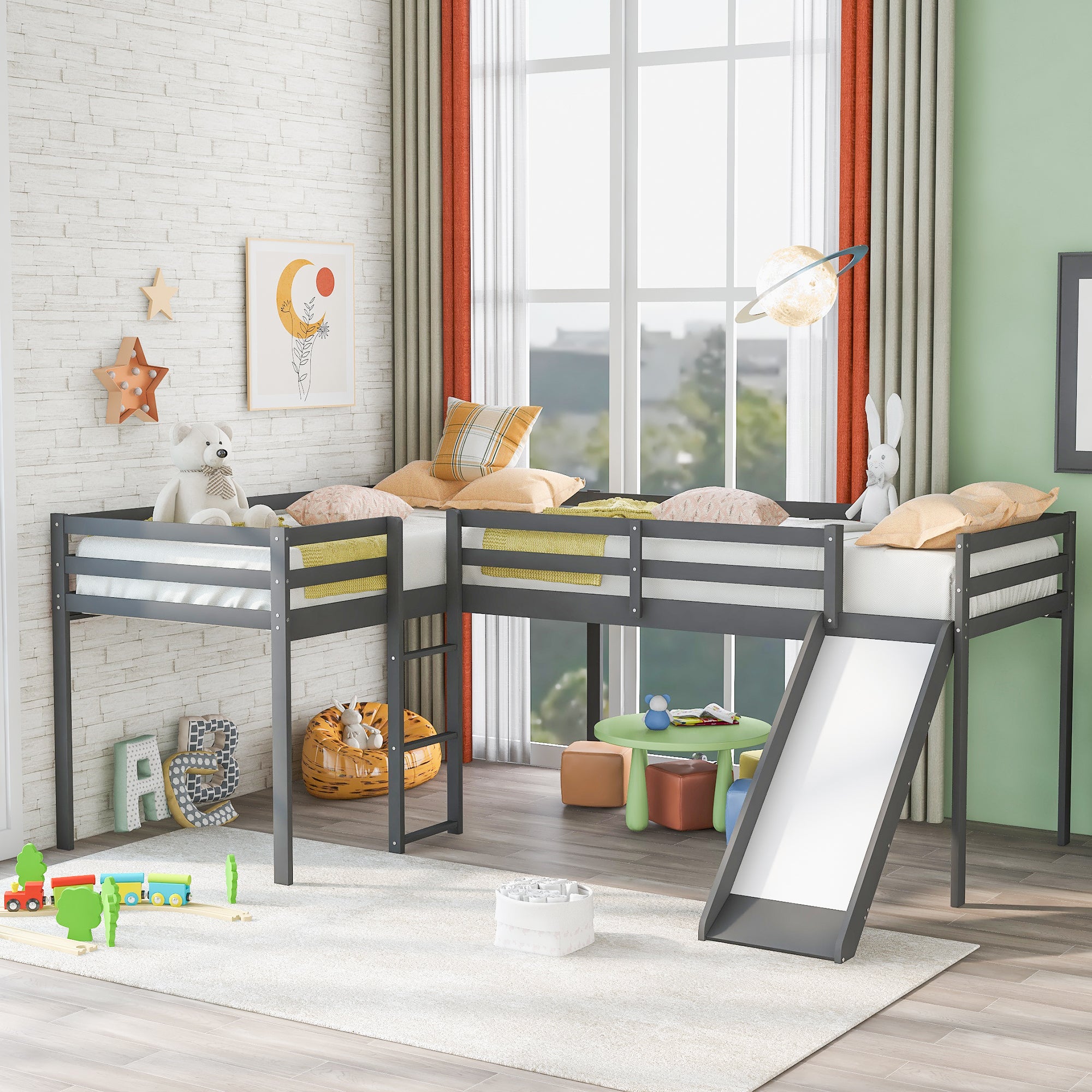 L-Shaped Twin Size Loft Bed with Ladder and Slide (Gray)