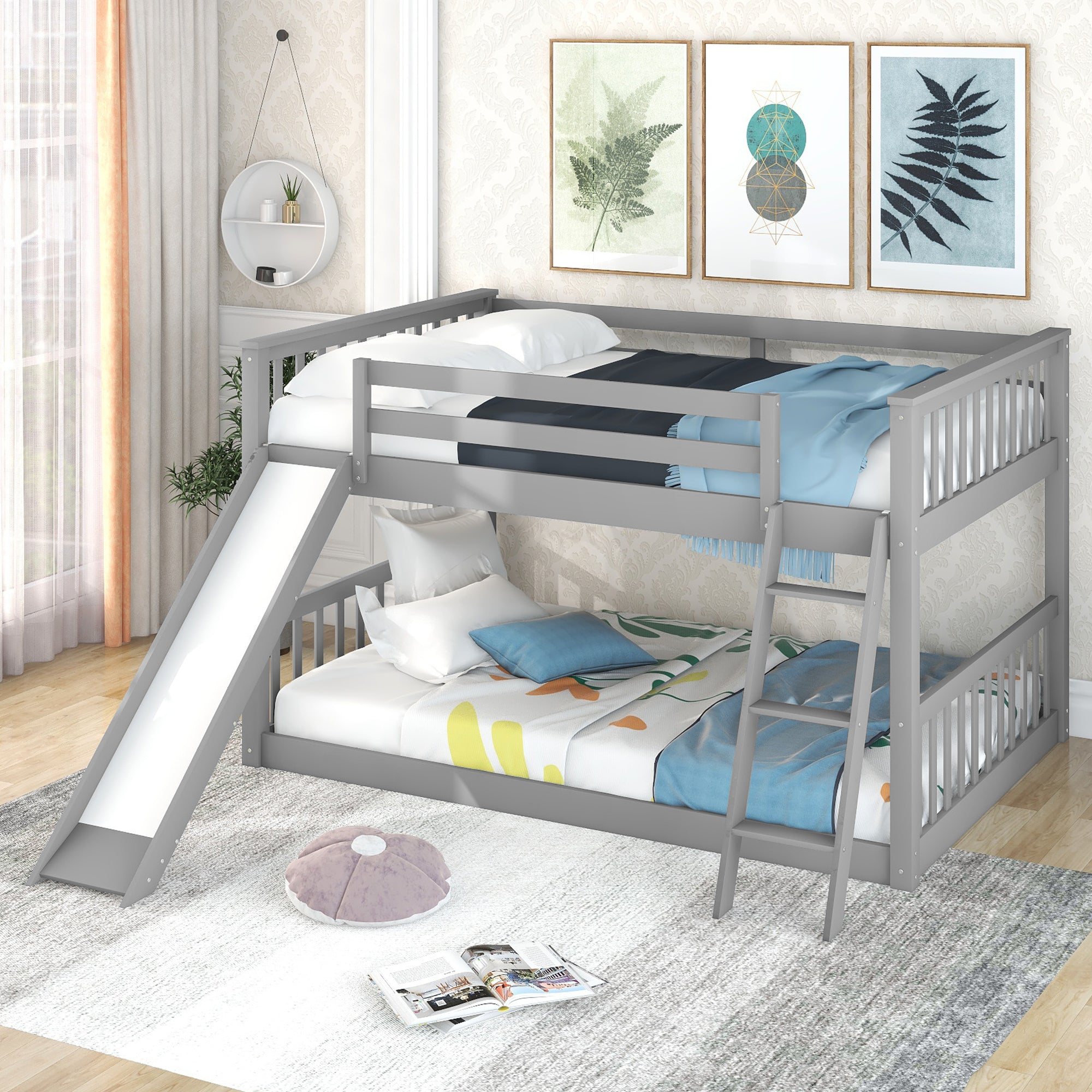 Full over Full Bunk Bed with Convertible Slide and Ladder (Gray)