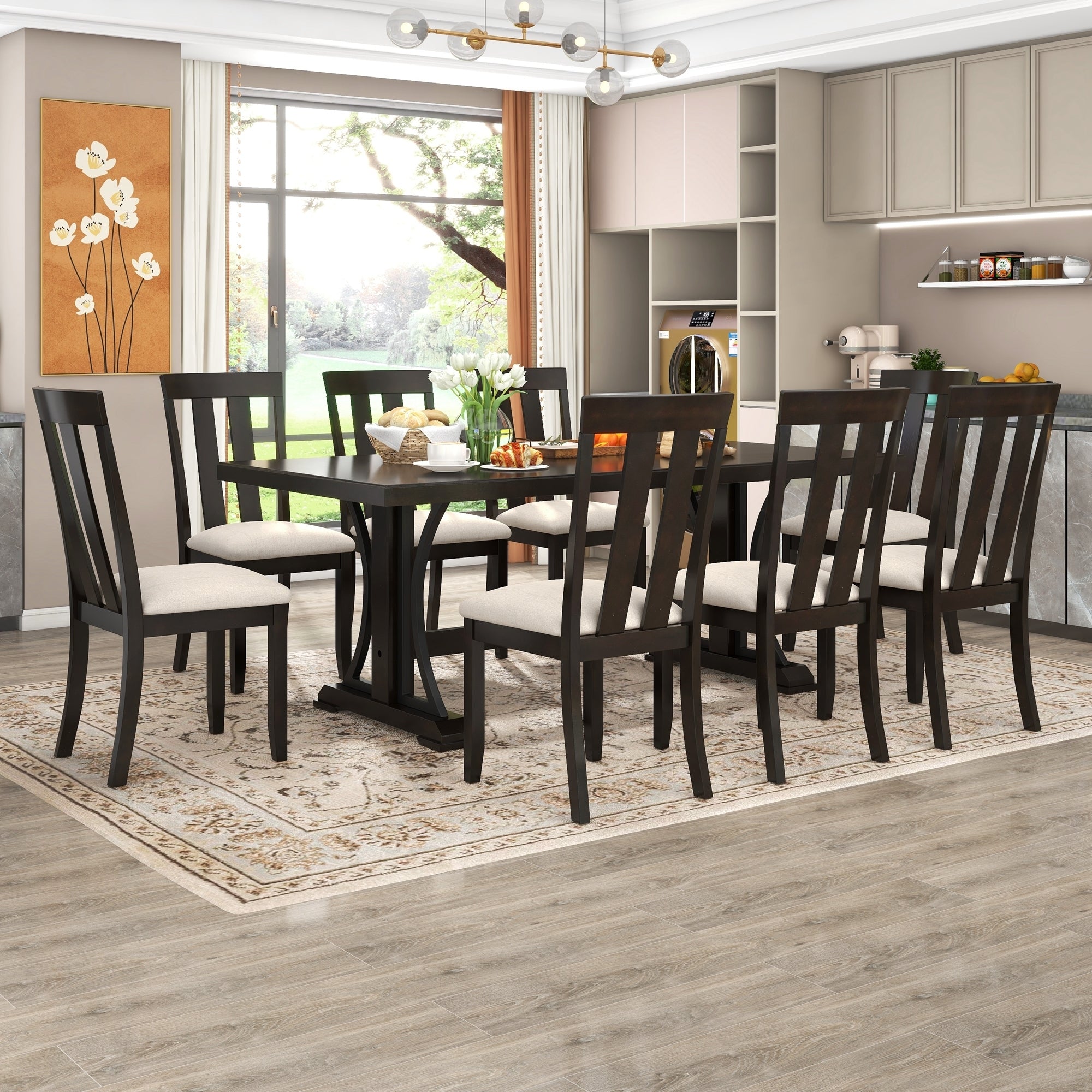 TREXM 9-Piece Set - 78" Wood Rectangular Dining Table and 8 Dining Room Chairs (Espresso)