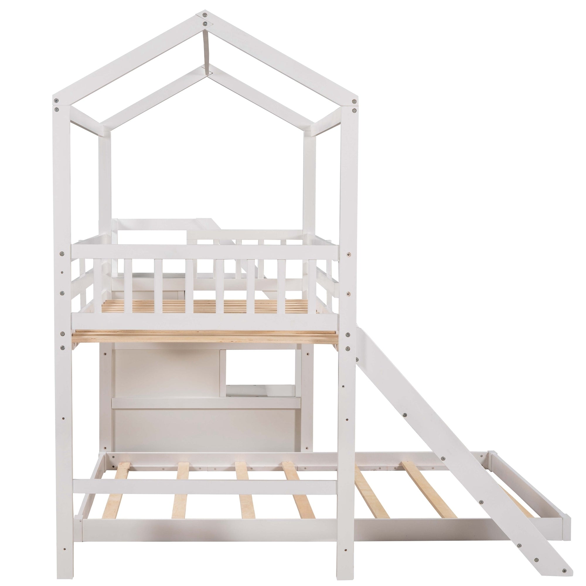Twin over Full House Bunk Bed with Convertible Slide and Storage Staircase (White)
