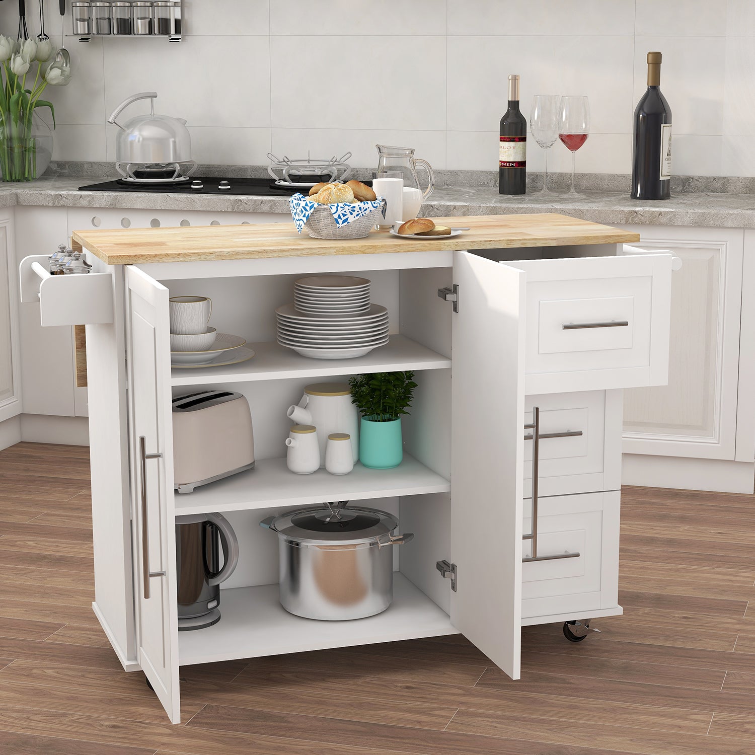 Kitchen Island with Spice Rack, Towel Rack and Extensible Solid Wood Table Top-White
