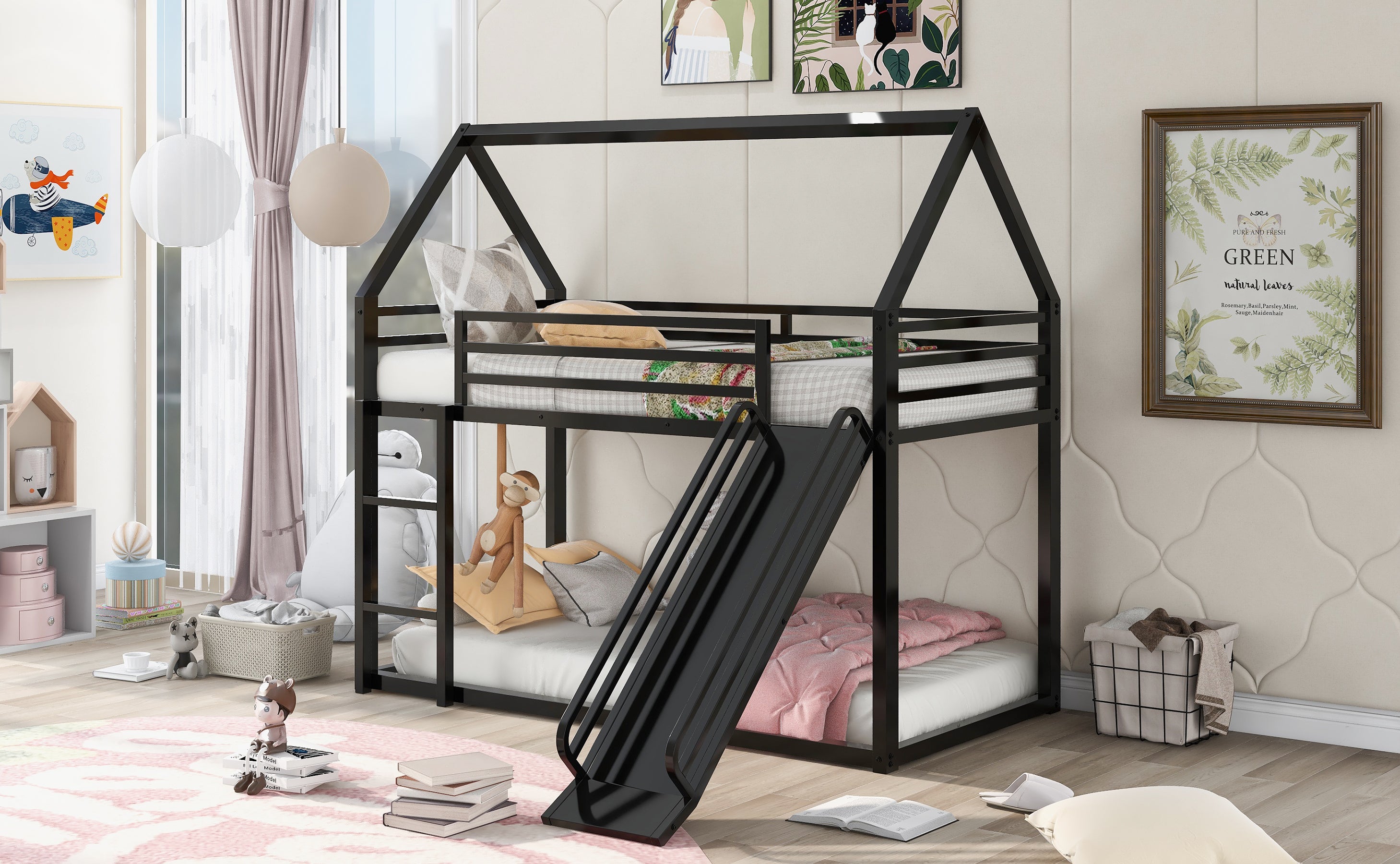 Twin over Twin House Bunk Bed with Ladder and Slide (Black)