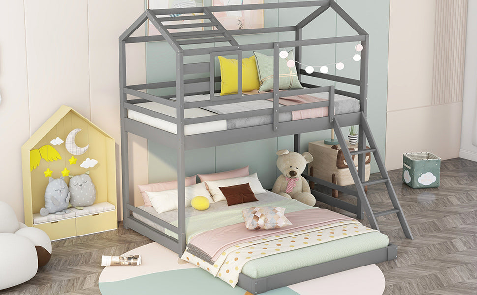 Twin over Full House Bunk Bed with Ladder and Window,Full-Length Guardrail (Gray)