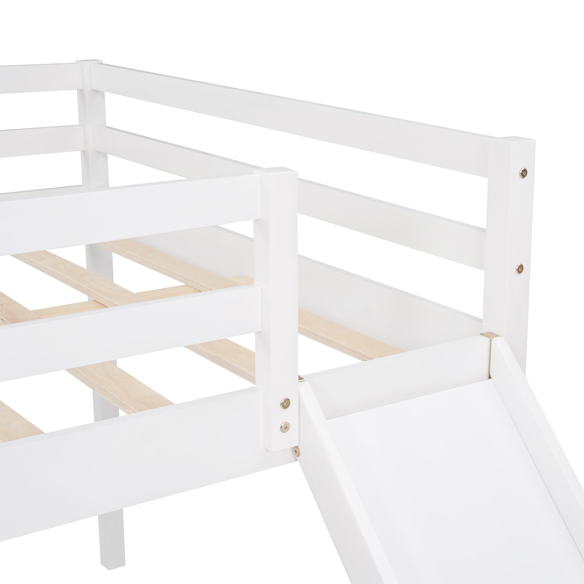 Full Size L-Shaped Loft Bed with Built-in Ladders and Slide (White)