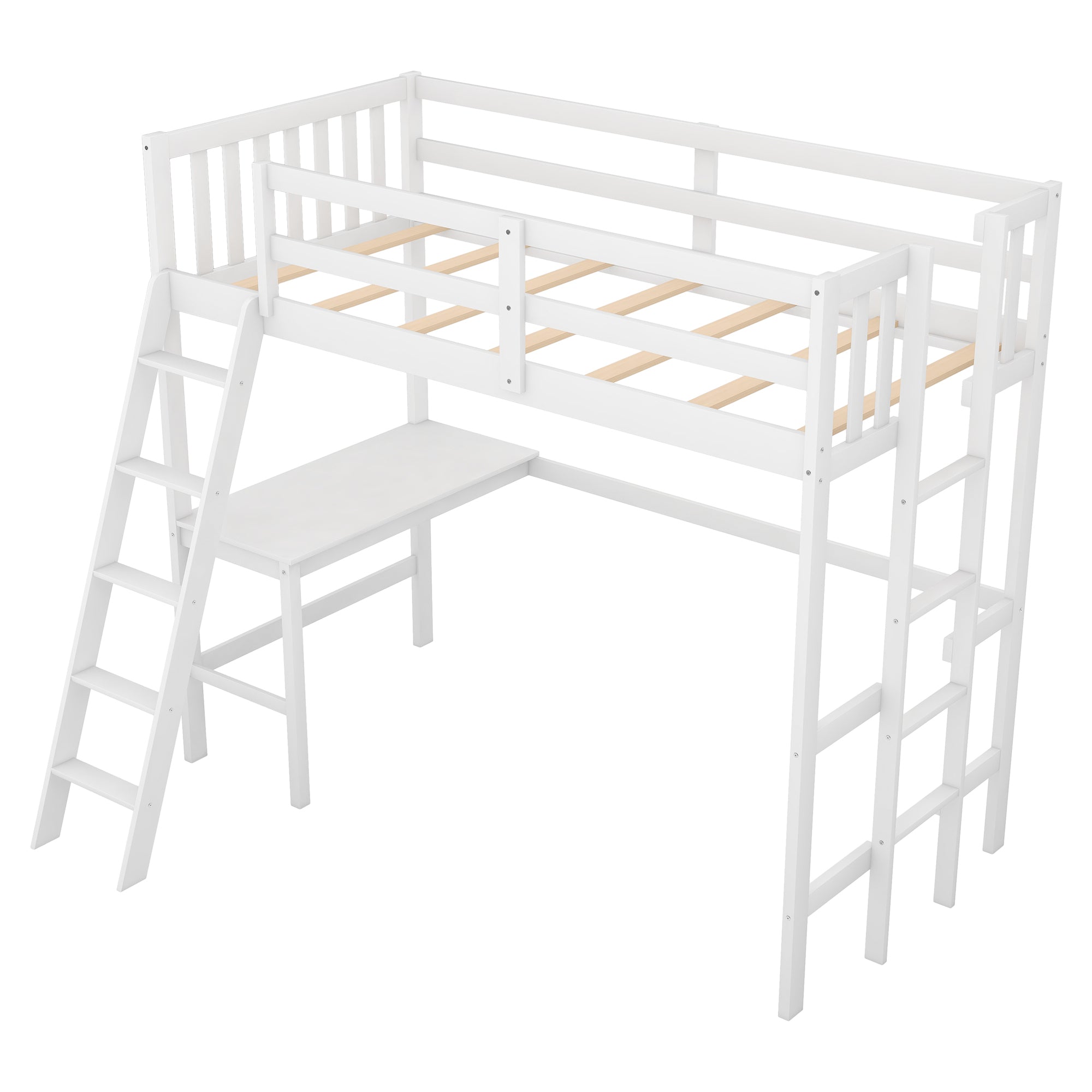 Twin Size Loft Bed with Desk and Two Ladders (White)