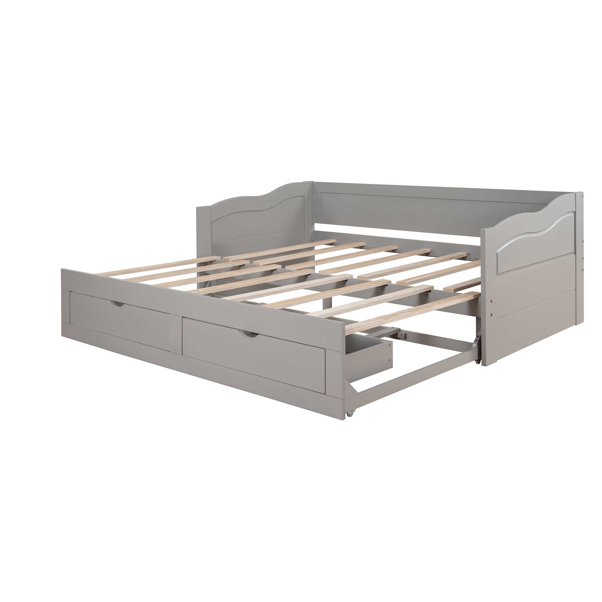 Wooden Daybed with Trundle Bed and Two Storage Drawers (Gray)