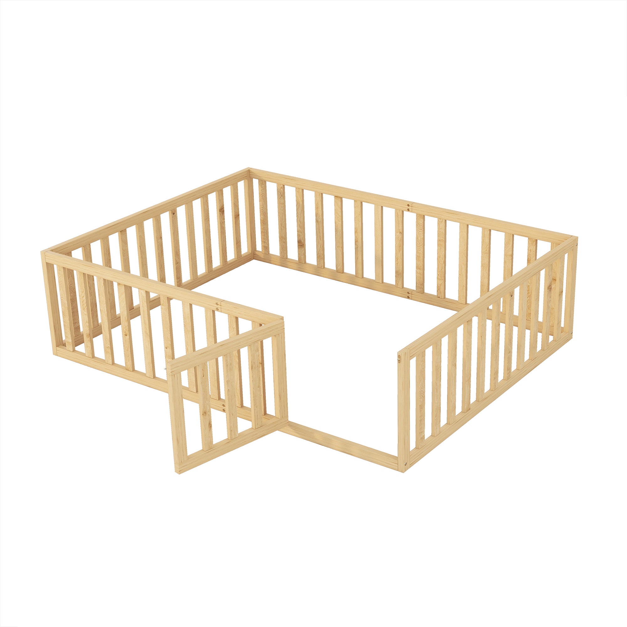 Queen Size Wood Floor Bed Frame with Fence and Door (Natural)