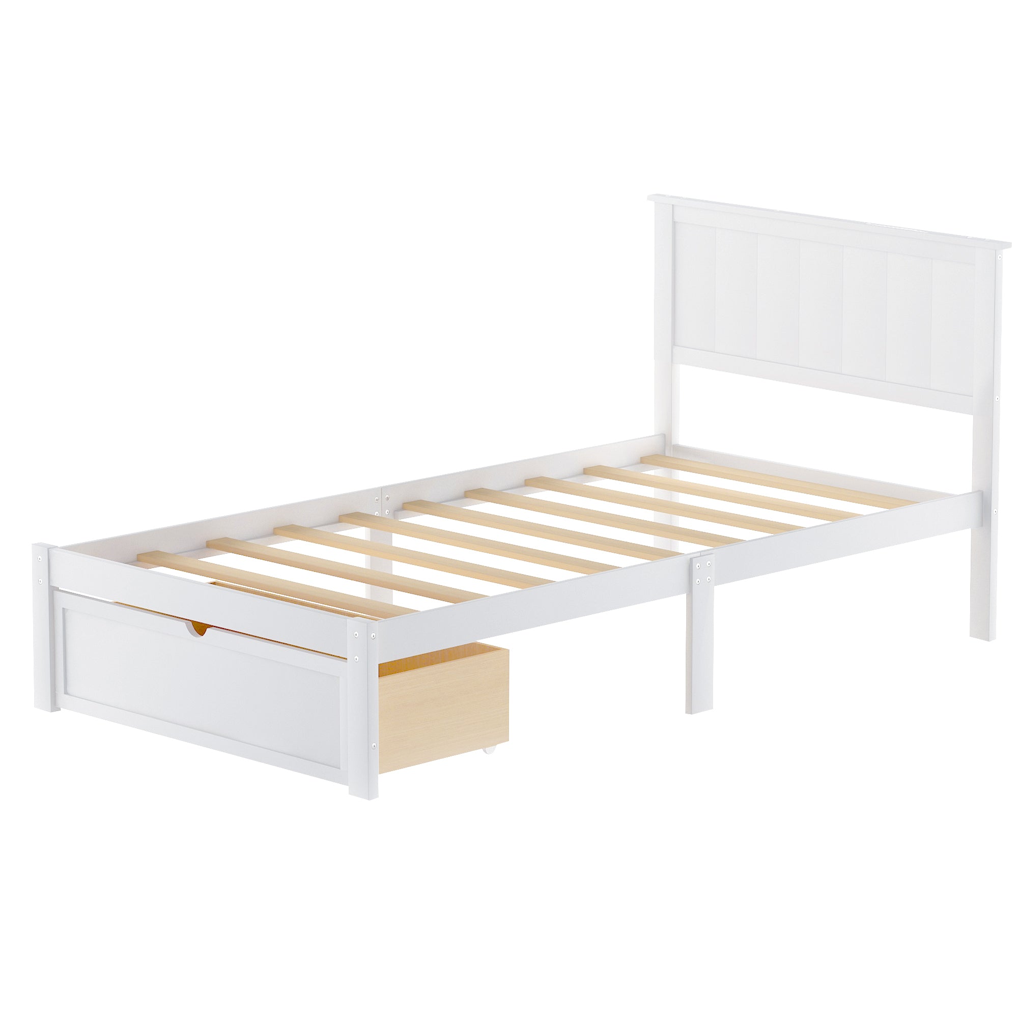 Twin Size Platform Bed with Under-bed Drawer (White)
