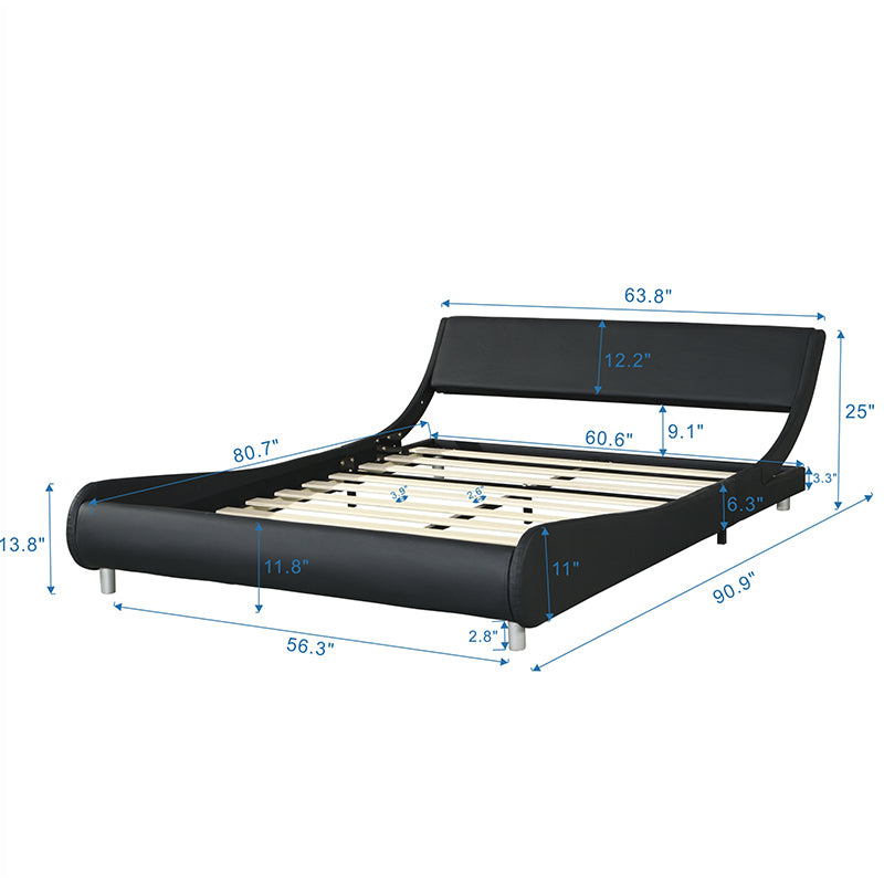 Faux Leather Upholstered Platform Bed Frame with Led Lighting Queen Size (Black)
