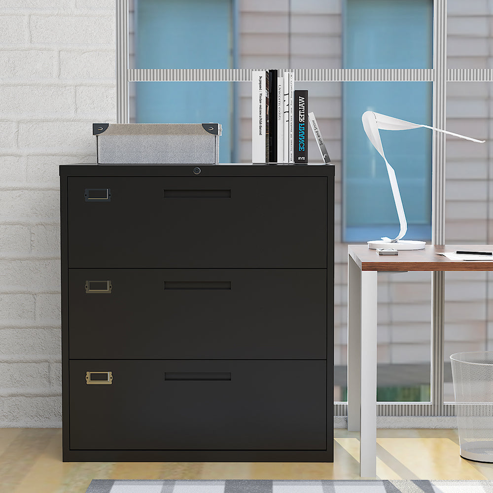 Metal Side File Cabinet With Lock (Black)