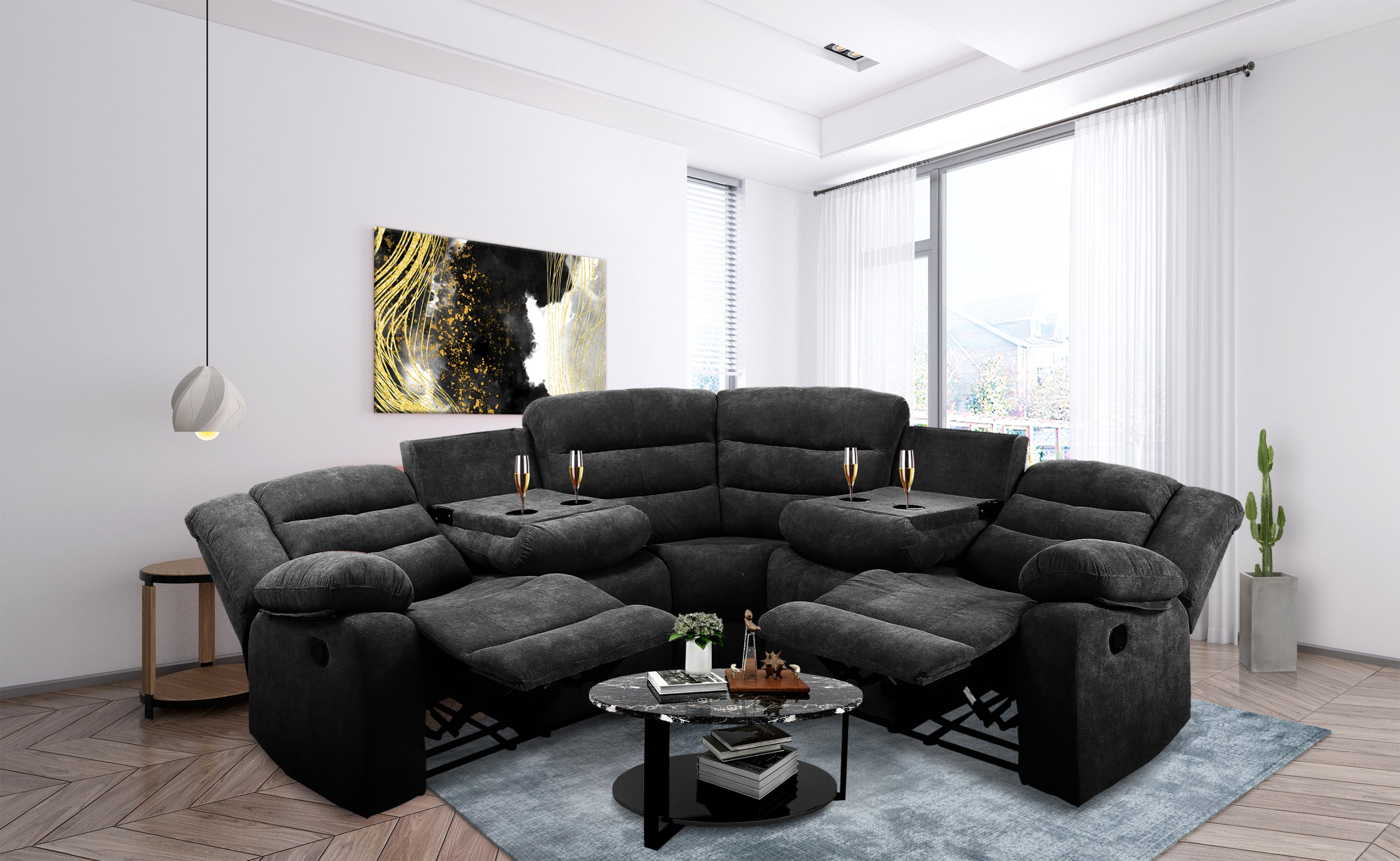 Sectional Manual Recliner Living Room Set (Black)