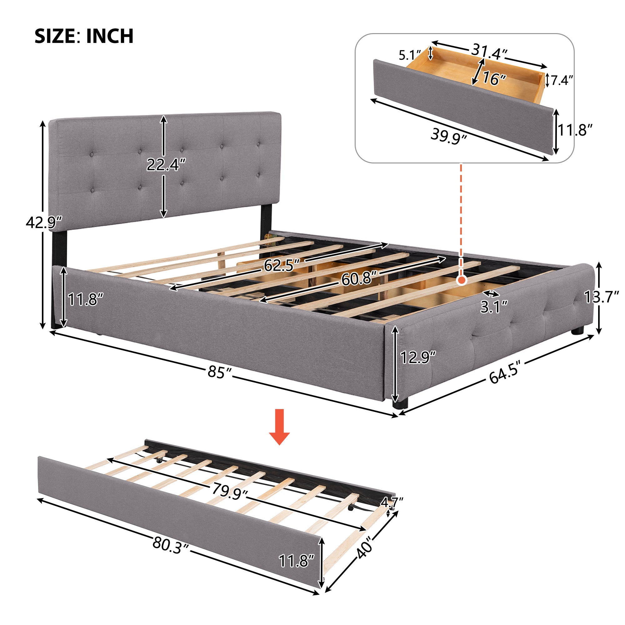 Upholstered Platform Bed with 2 Drawers and 1 Twin XL Trundle Queen Size (Gray)
