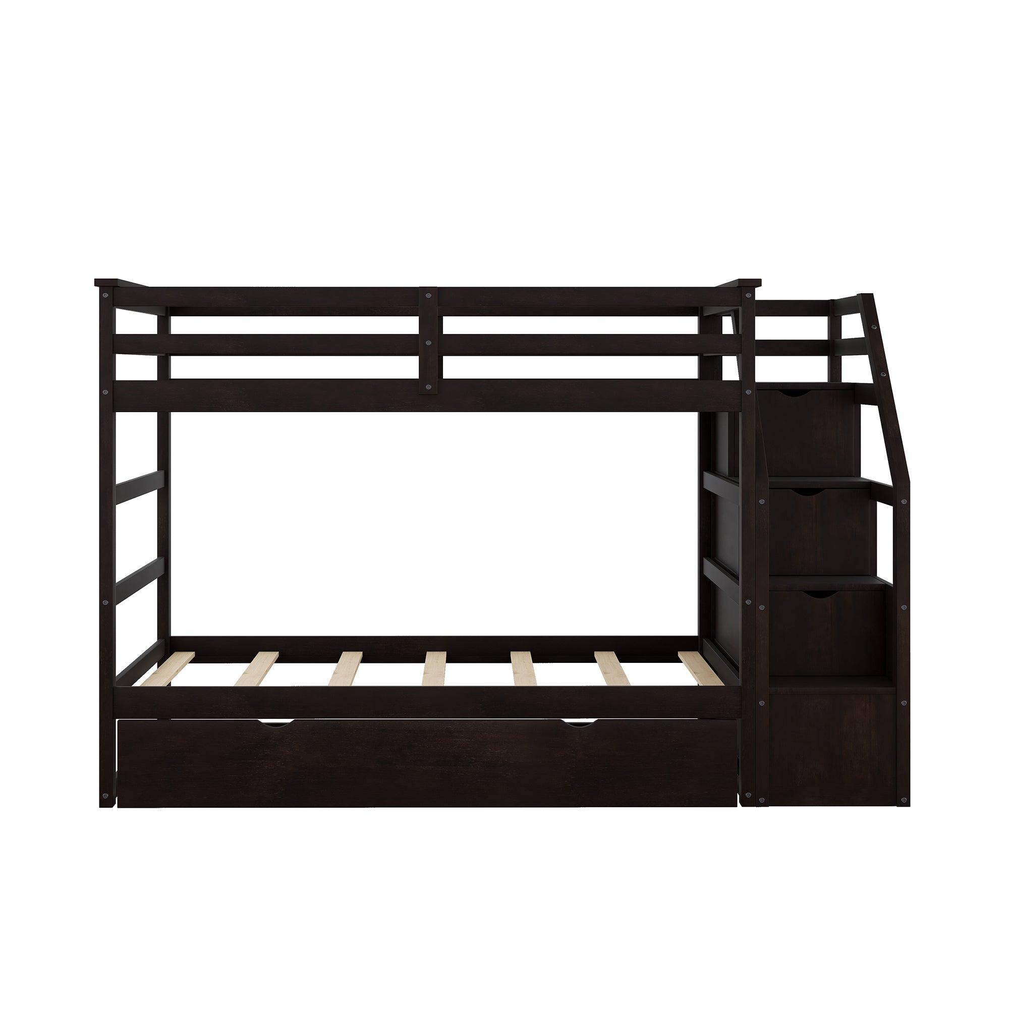 Twin-Over-Twin Bunk Bed with Twin Size Trundle and 3 Storage Stairs (Espresso)