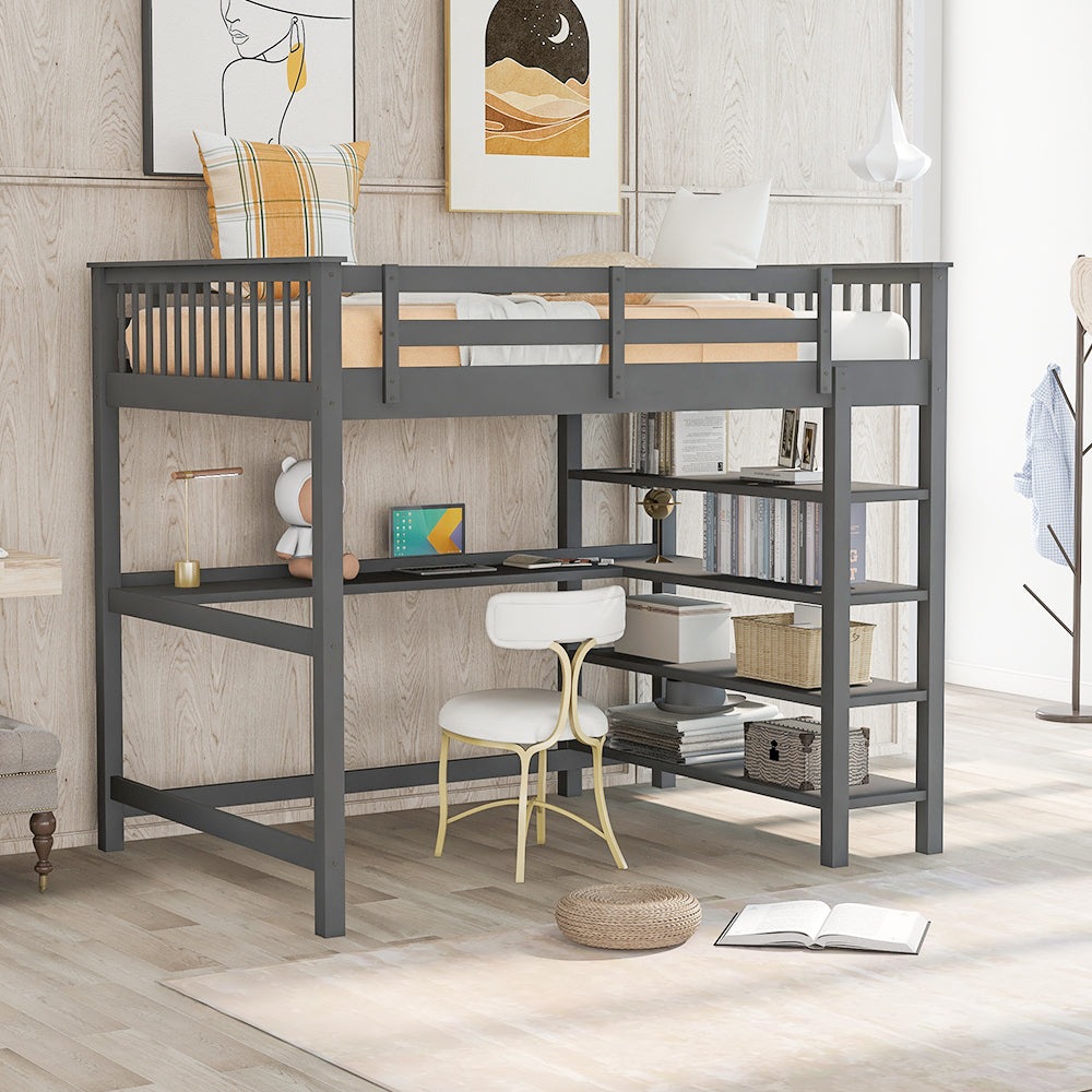 Full Size Loft Bed with Storage Shelves and Under-bed Desk (Gray)