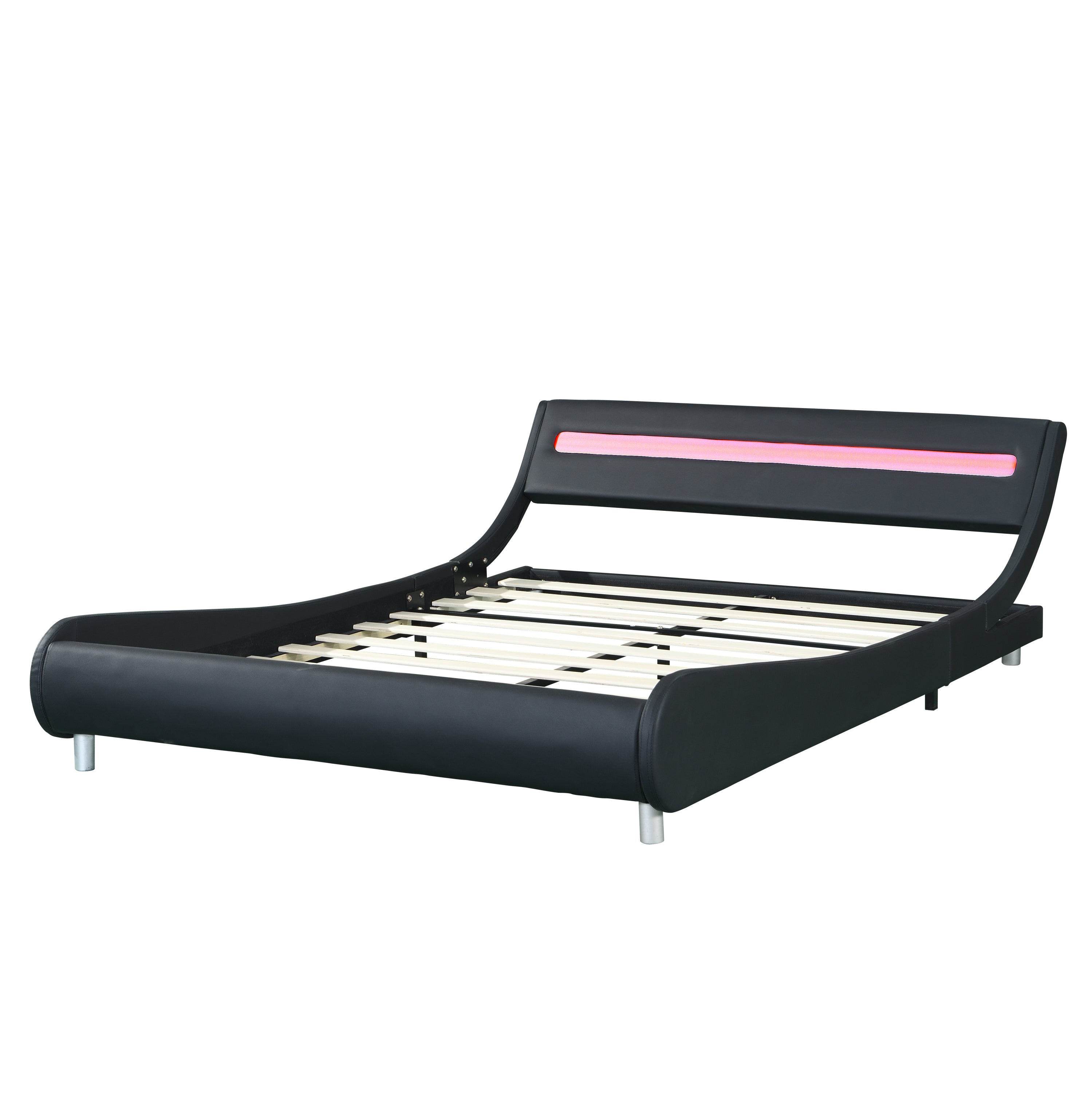 Faux Leather Upholstered Platform Bed Frame with Led Lighting Queen Size (Black)