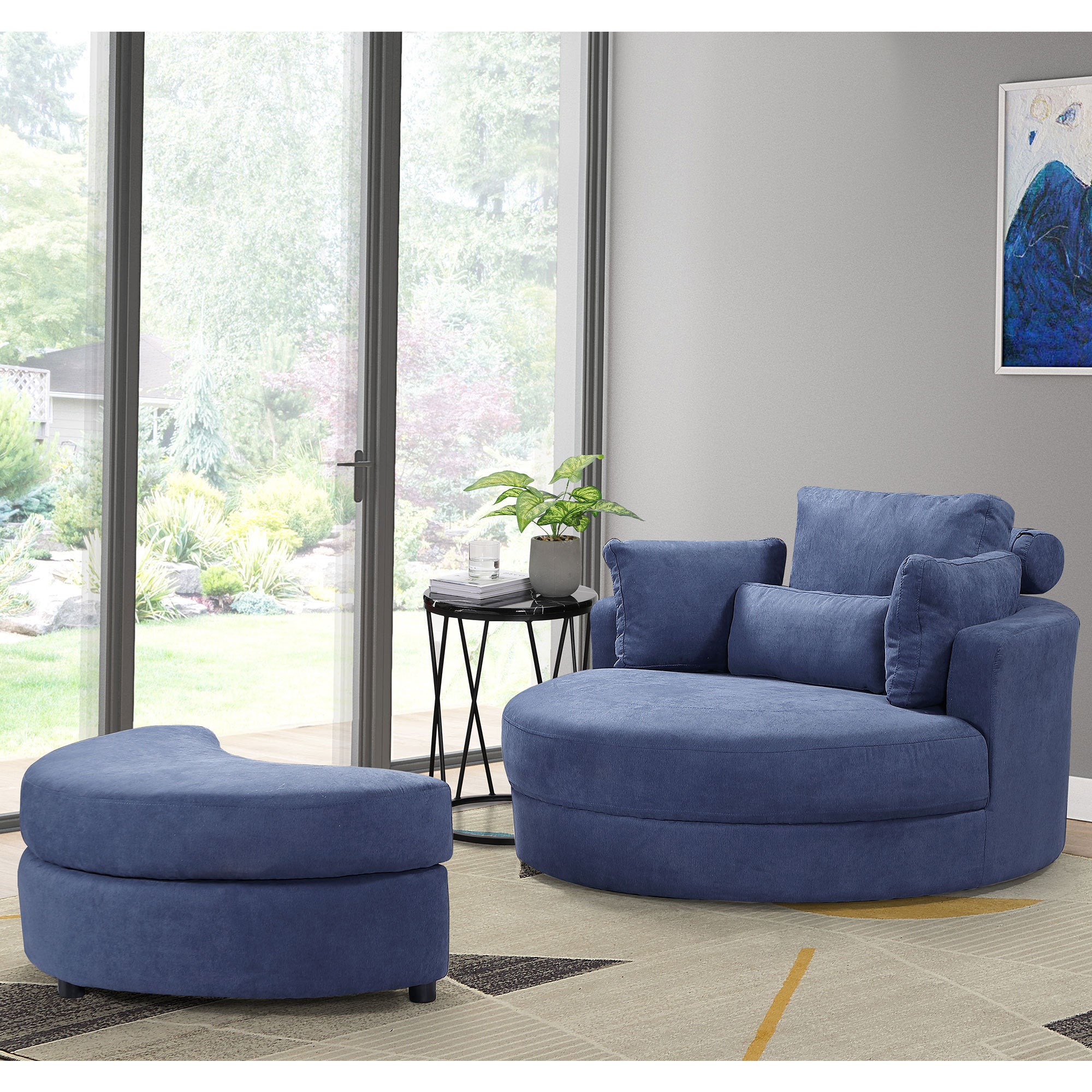 WelLinen Fabric Swivel Accent Barrel Big Round Lounge Sofa Chair with Storage Ottoman and Pillows (Blue)