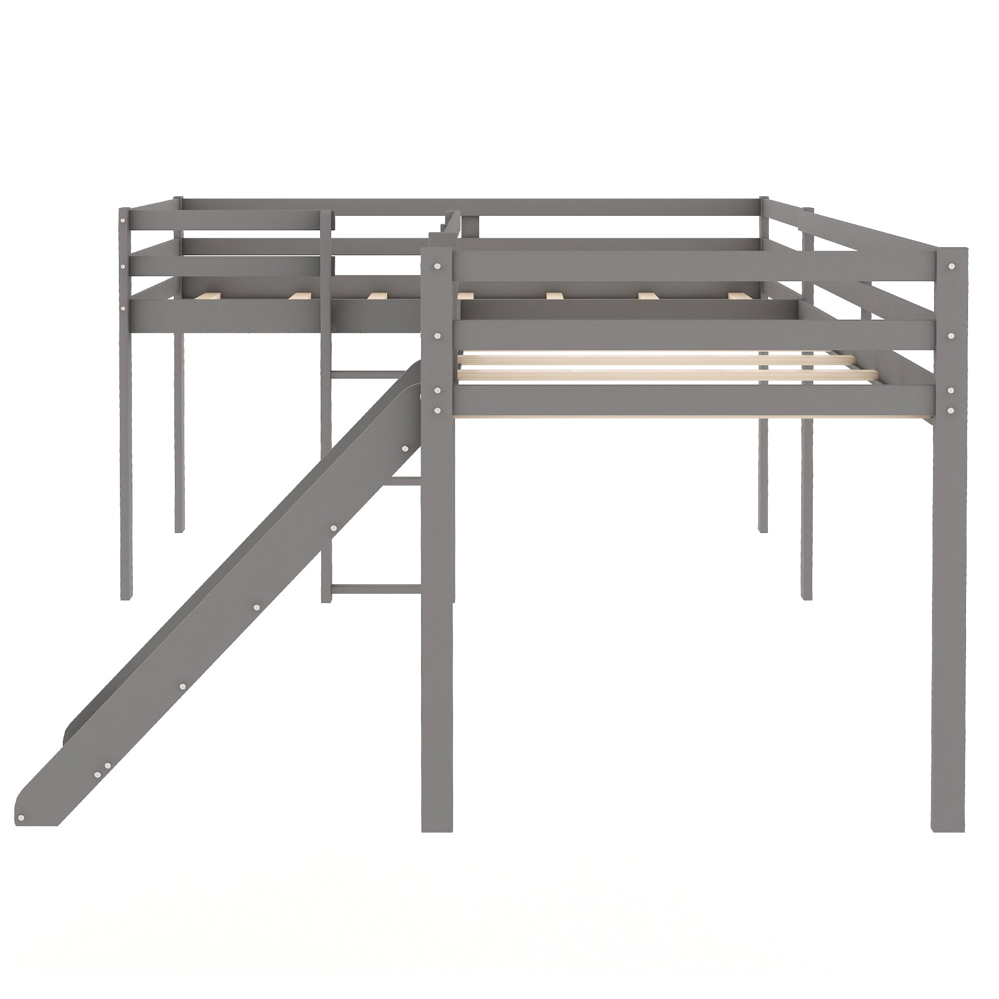 L-Shaped Twin Size Loft Bed with Ladder and Slide (Gray)