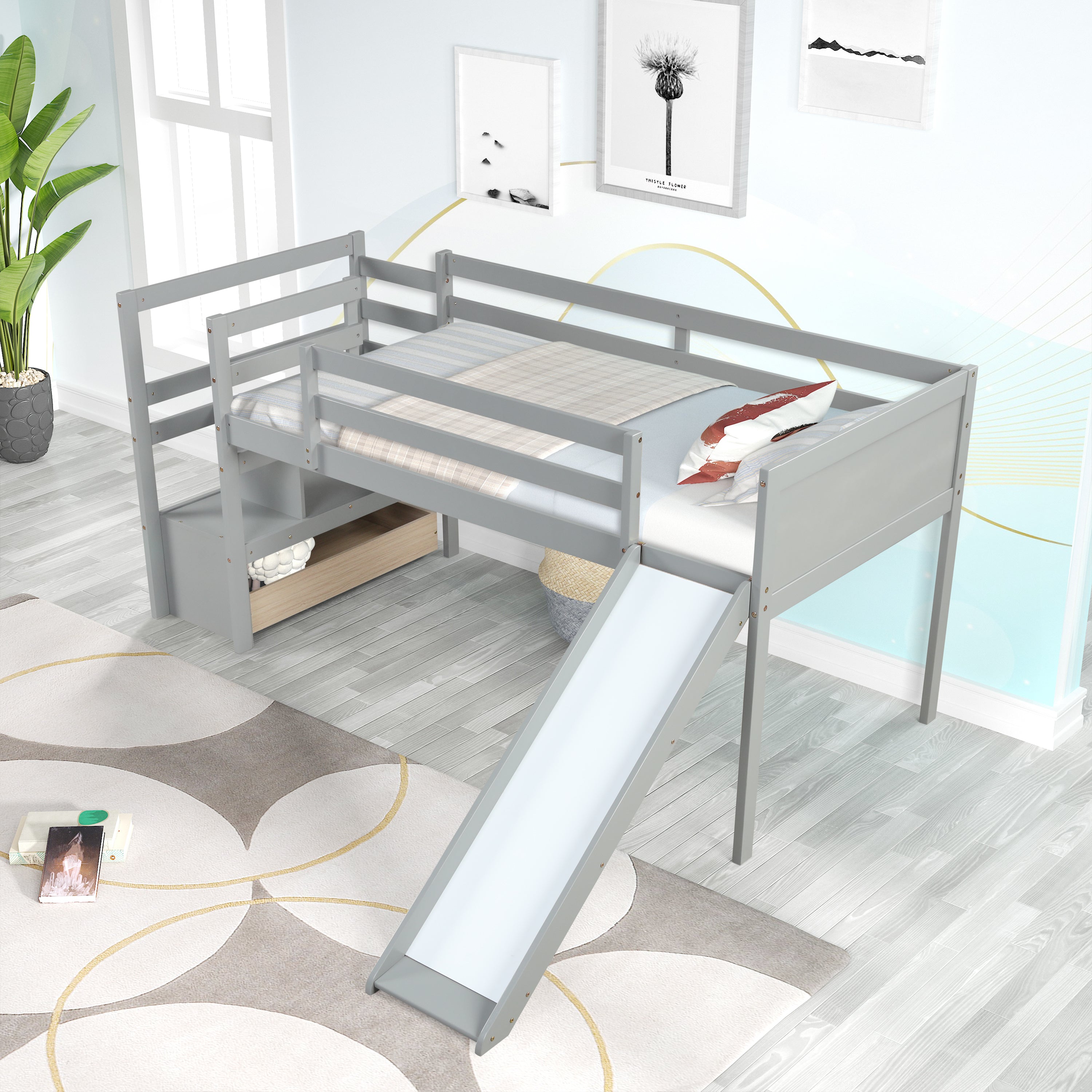 Twin Low Loft Bed with Stairs and Slide