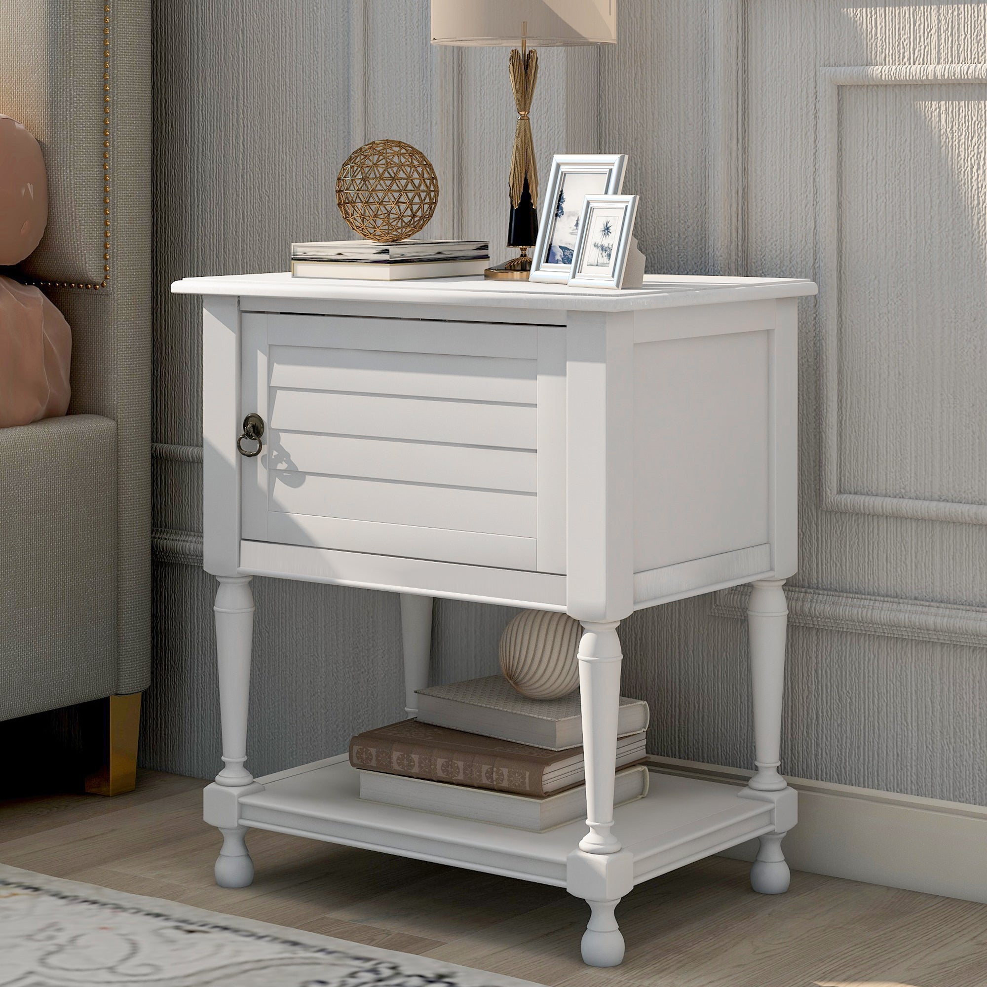 Versatile Nightstand with Two Built-in Shelves Cabinet (White)