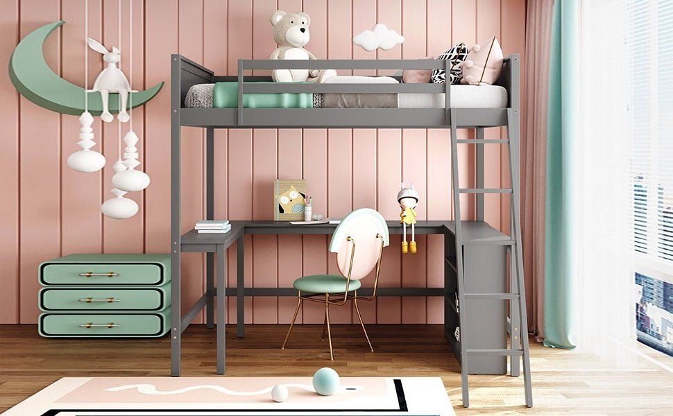 Full size Loft Bed with Shelves and Desk, Wooden Loft Bed with Desk (Gray)