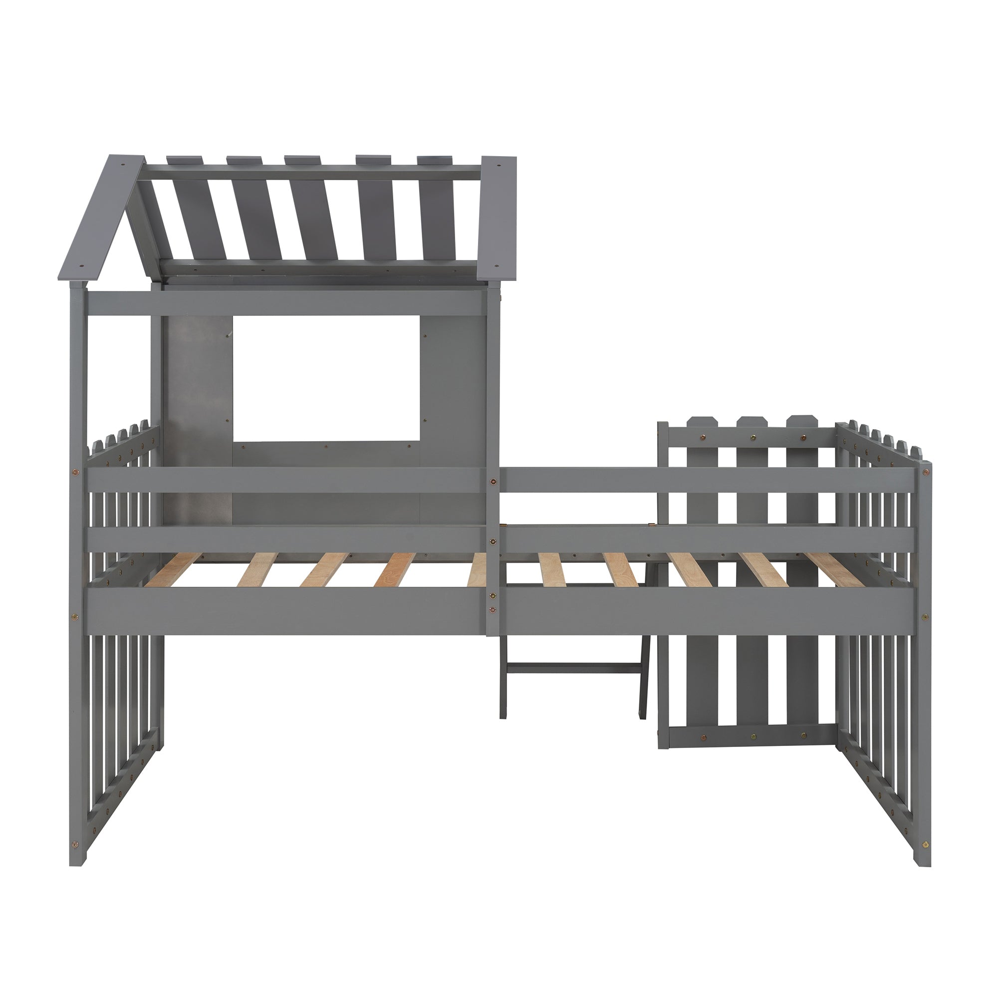 Loft House Bed with Rustic Fence-Shaped Guardrail (Gray)