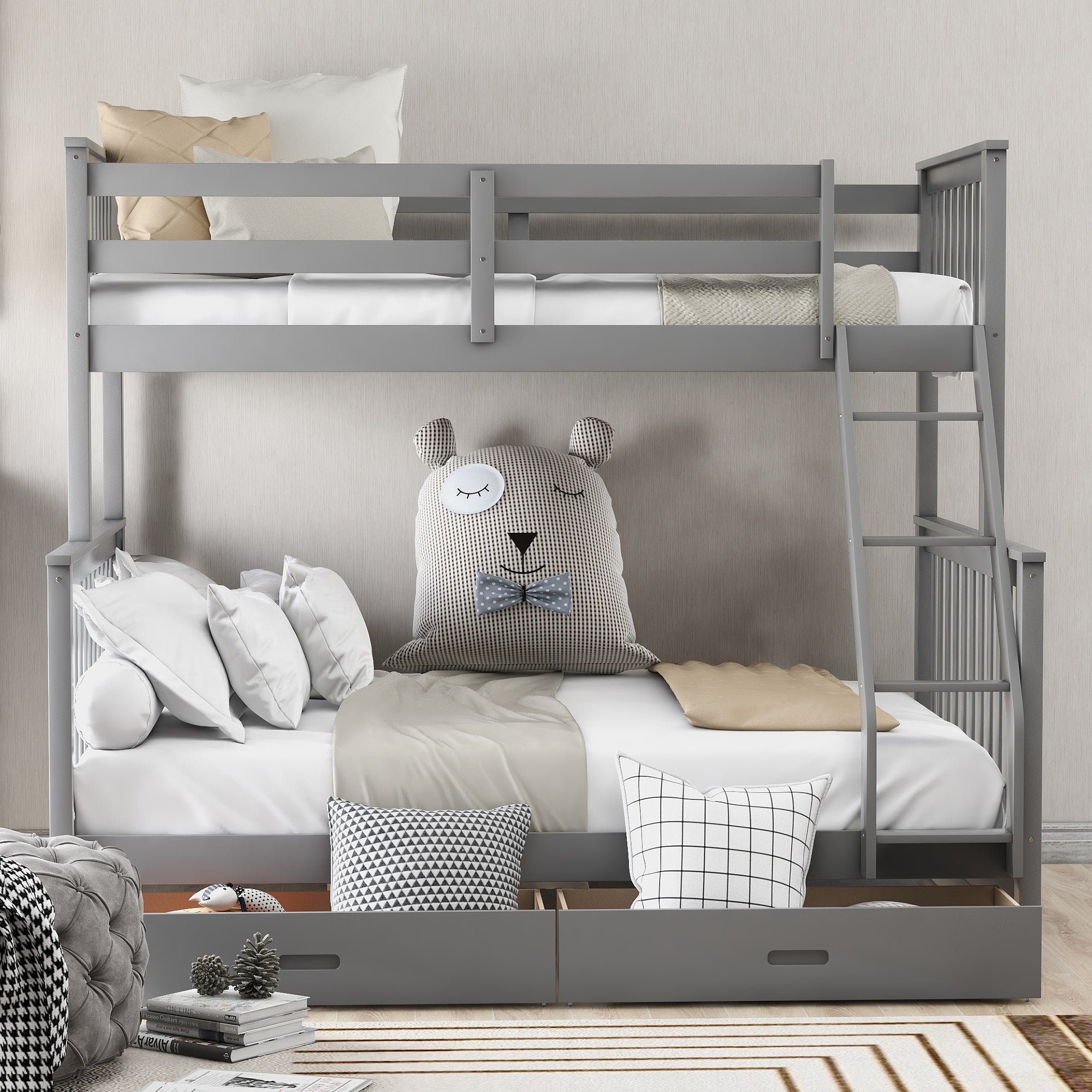 Twin-Over-Full Bunk Bed with Ladders and Two Storage Drawers (Gray)