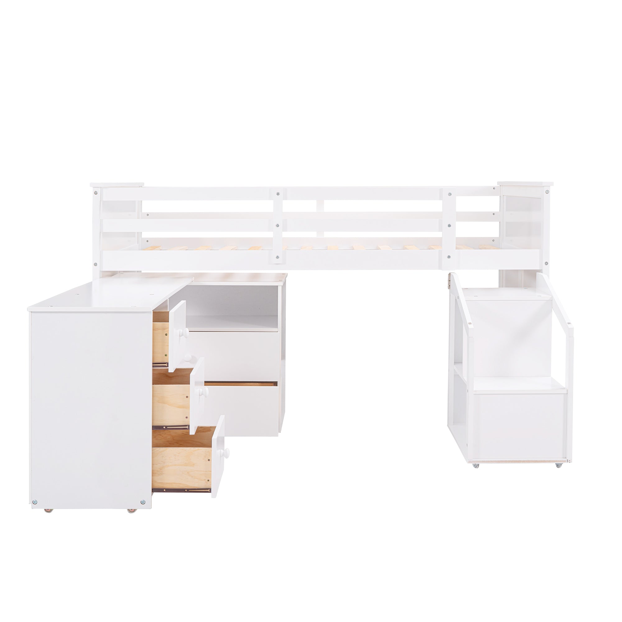 Loft Bed Low Study Twin Size Loft Bed With Storage Steps and Portable (White)