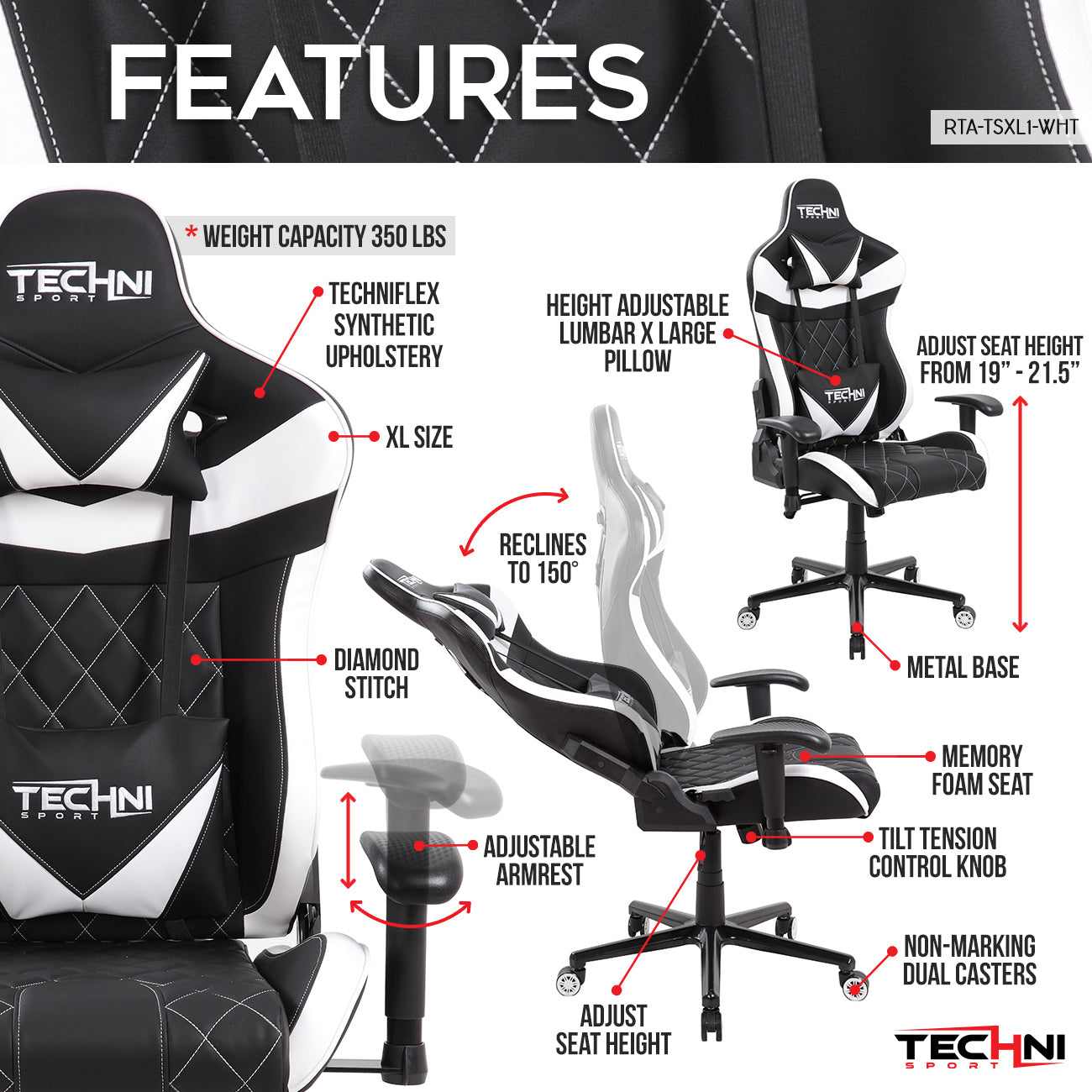 Techni Sport TS-XL1 Ergonomic High Back Racer Style Gaming Chair (White)