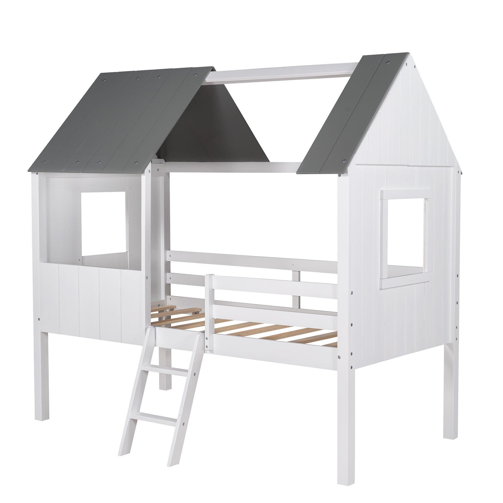 Twin Size Low Loft Wood House Bed with Two Side Windows (Normal Gray+Normal White)