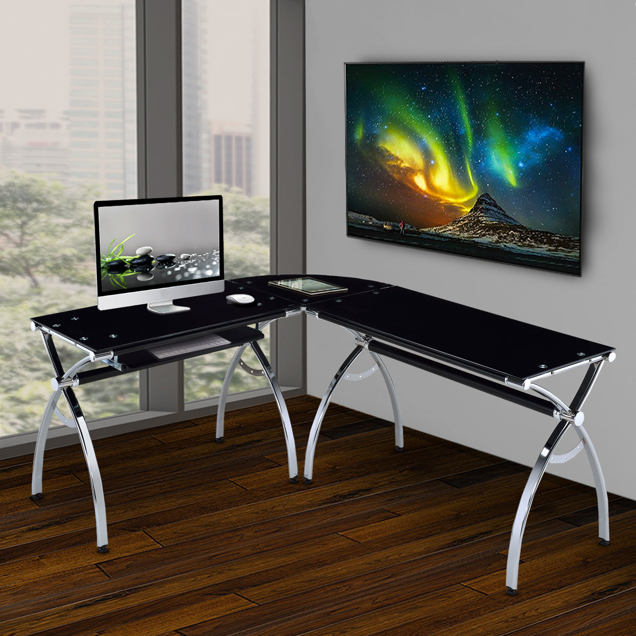 L-Shaped Colored Tempered Glass Top Corner Desk with Pull Out Keyboard Tray (Black)