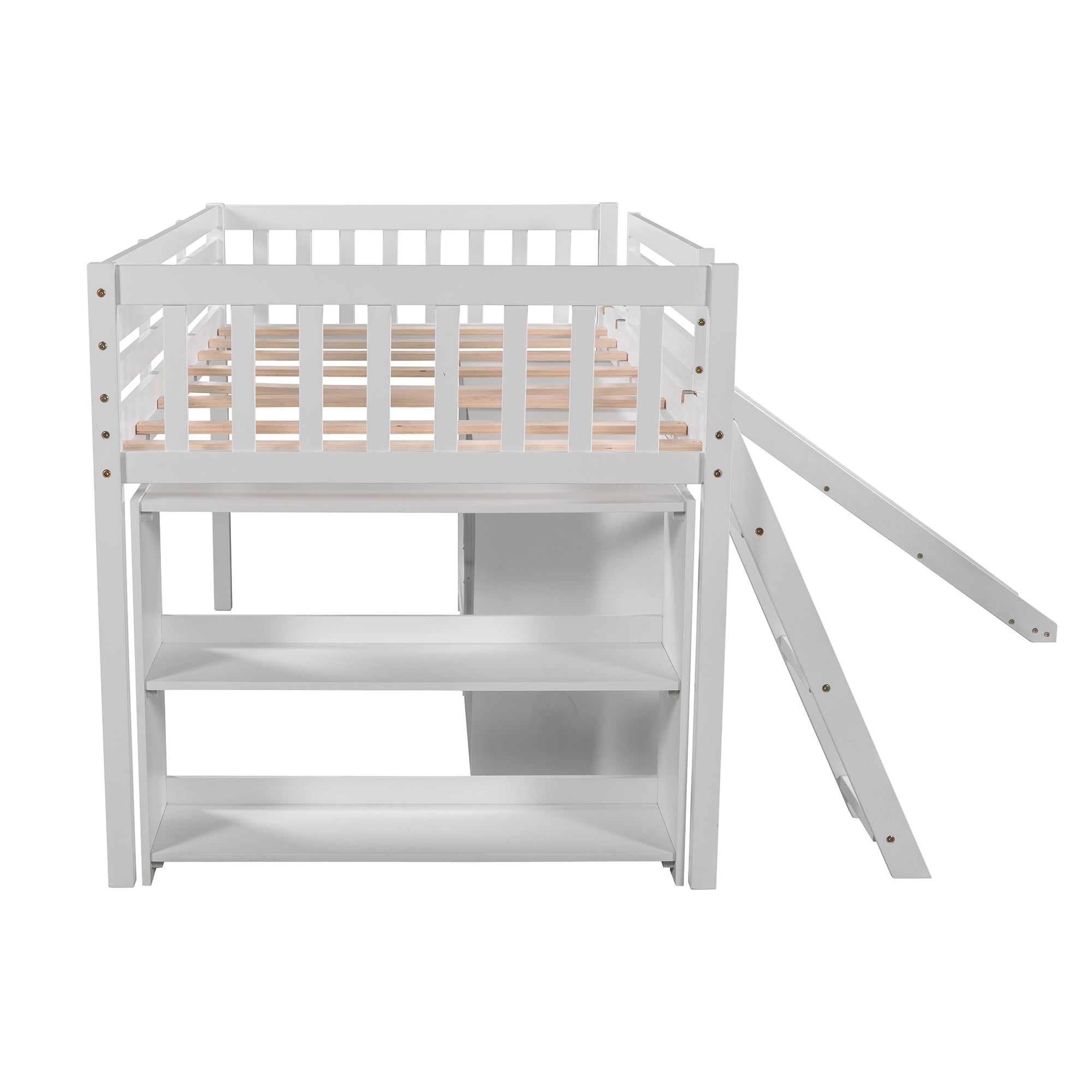 Low Loft Bed with Attached Bookcases and Separate 3-tier Drawers (White)