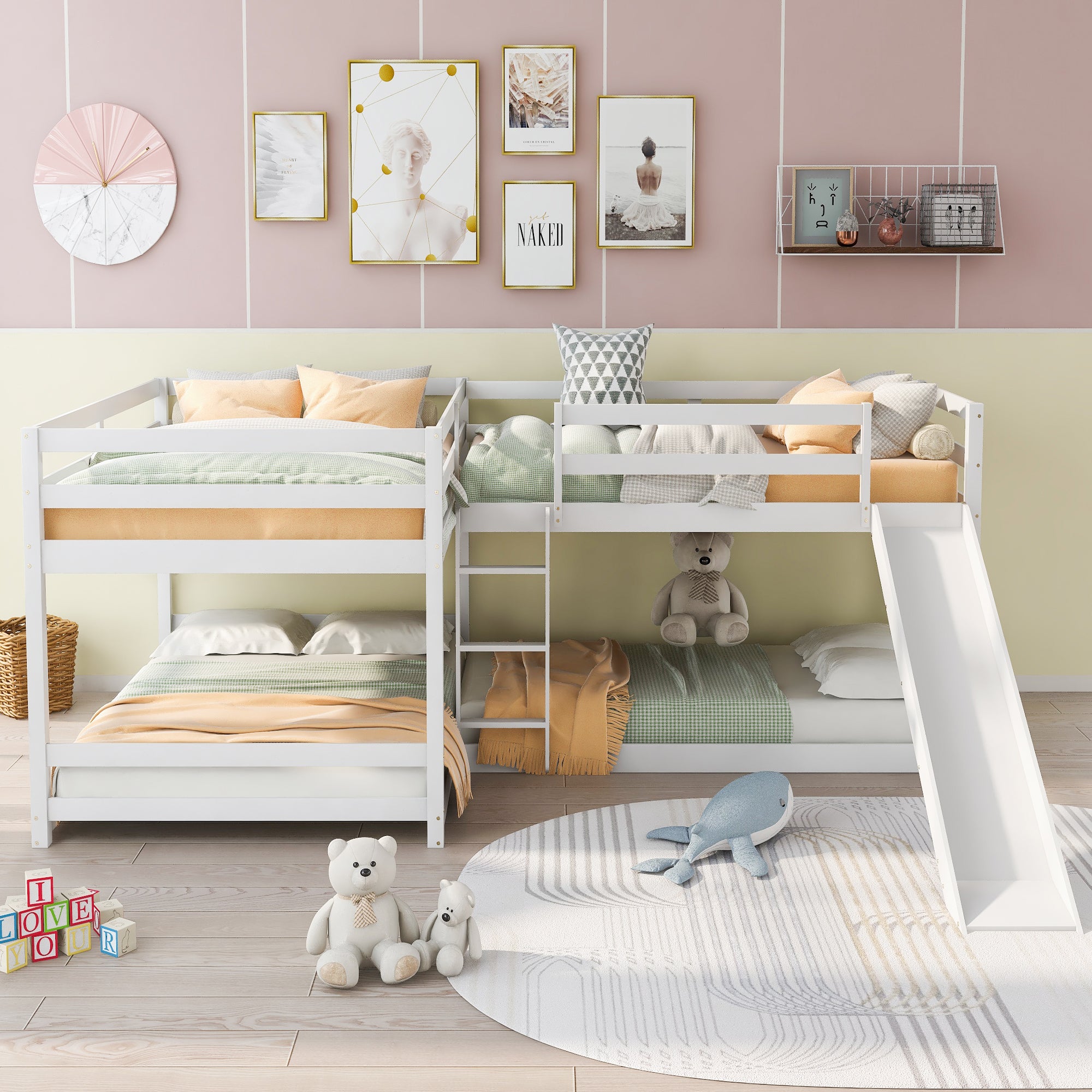 Full and Twin Size L-Shaped Bunk Bed with Slide and Short Ladder (White)