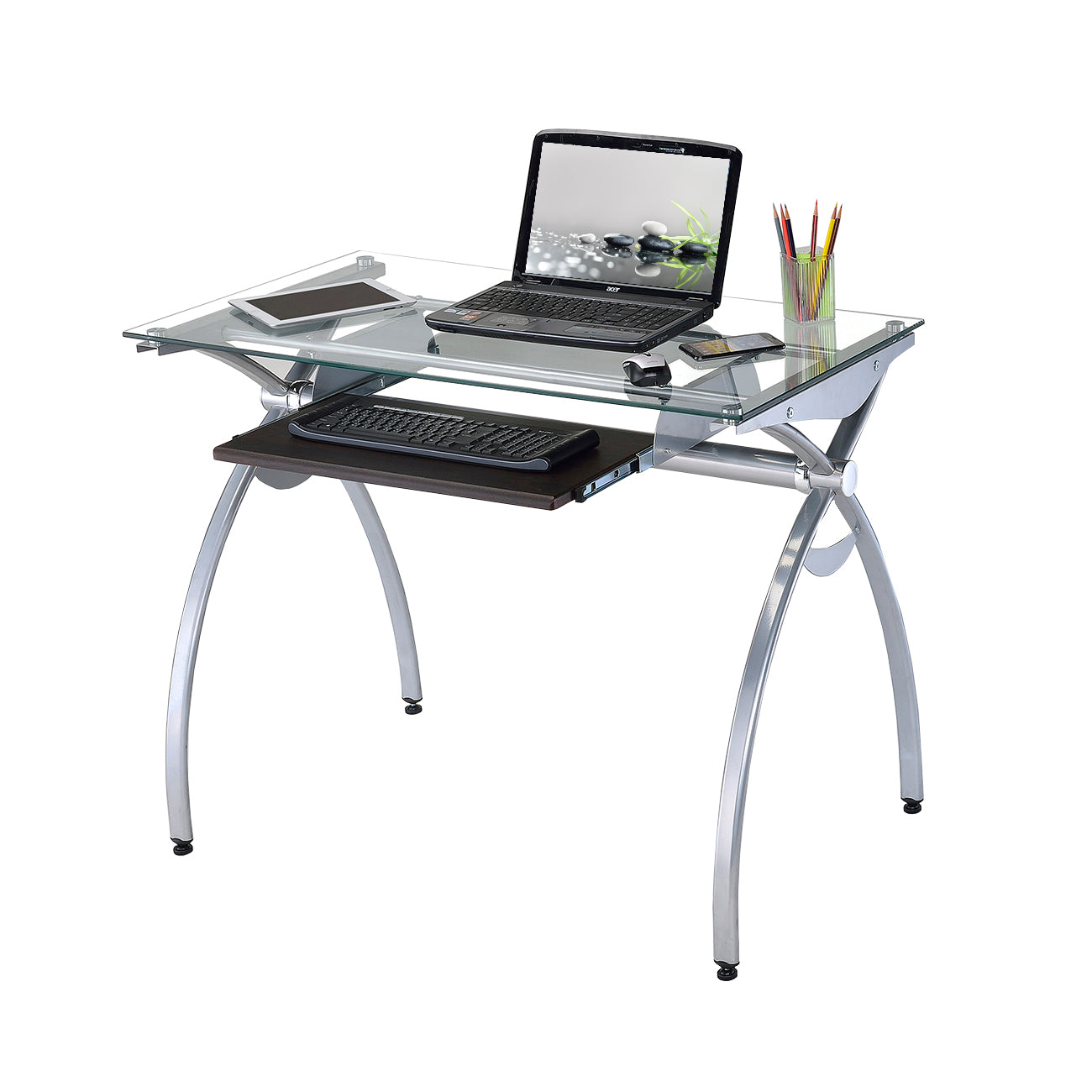 Techni Mobili Contempo Clear Glass Top Computer Desk with Pull Out Keyboard PanelClear (White)