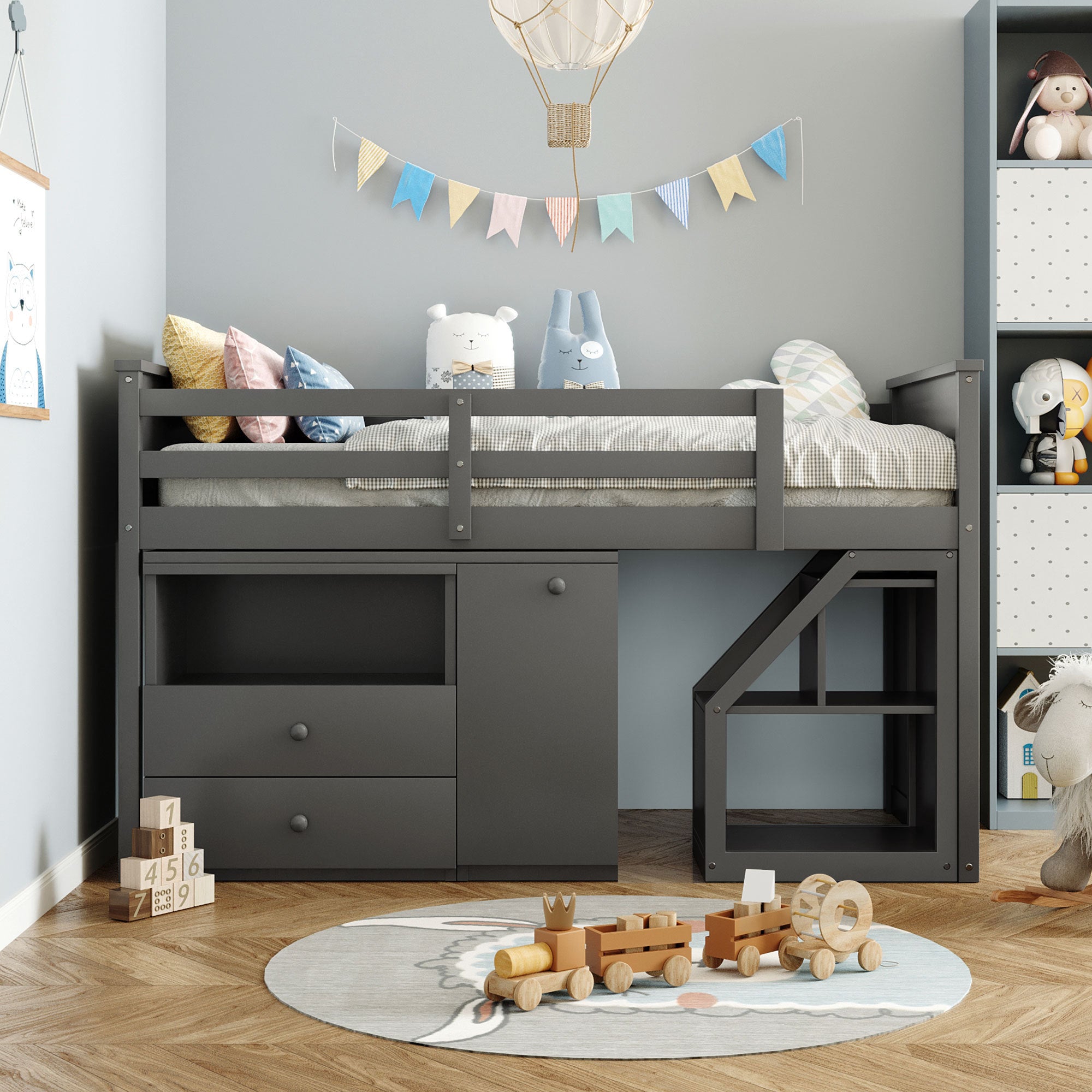 Twin Size Loft Bed With Storage Steps and Portable Desk (Gray)