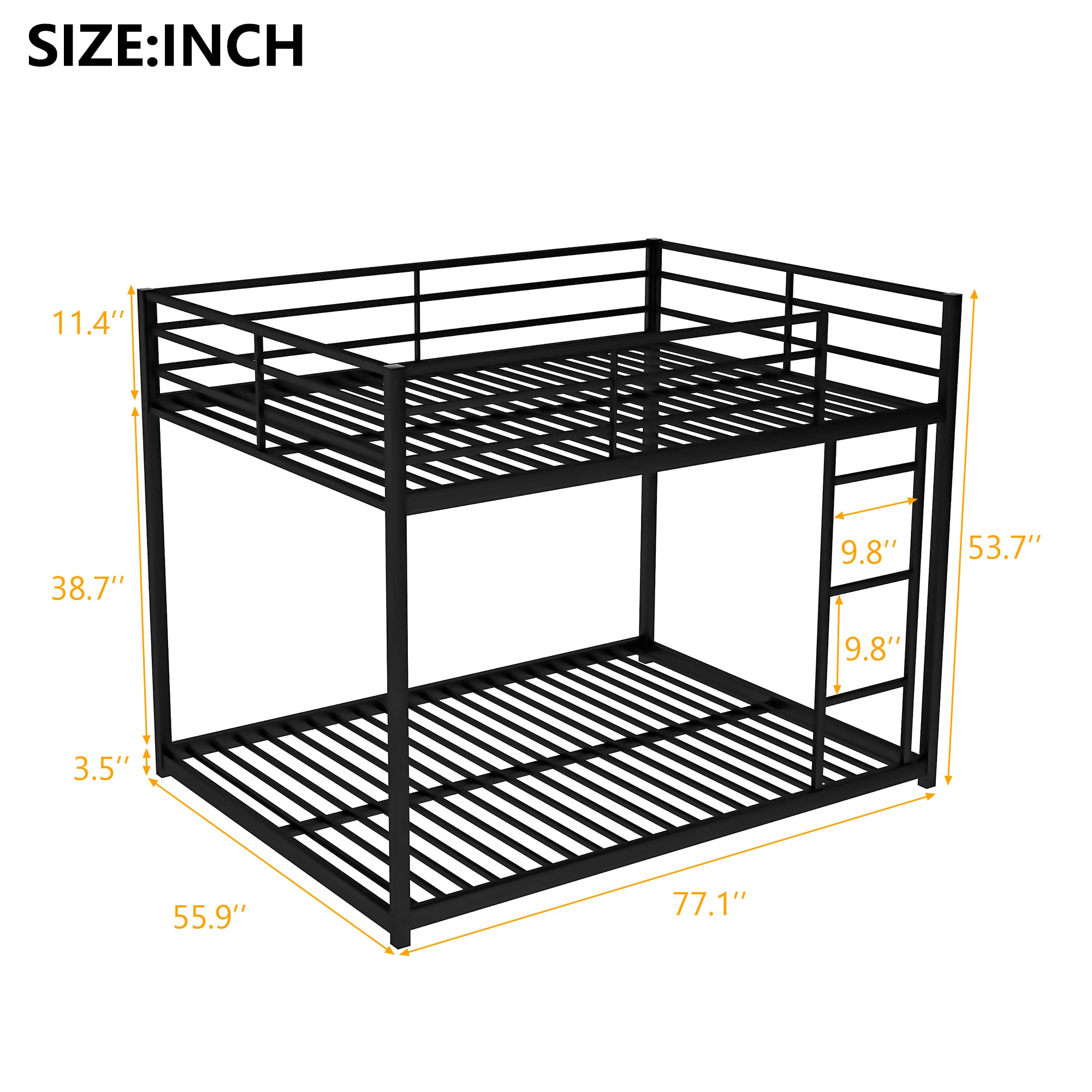 Full over Full Metal Bunk Bed, Low Bunk Bed with Ladder (Black)