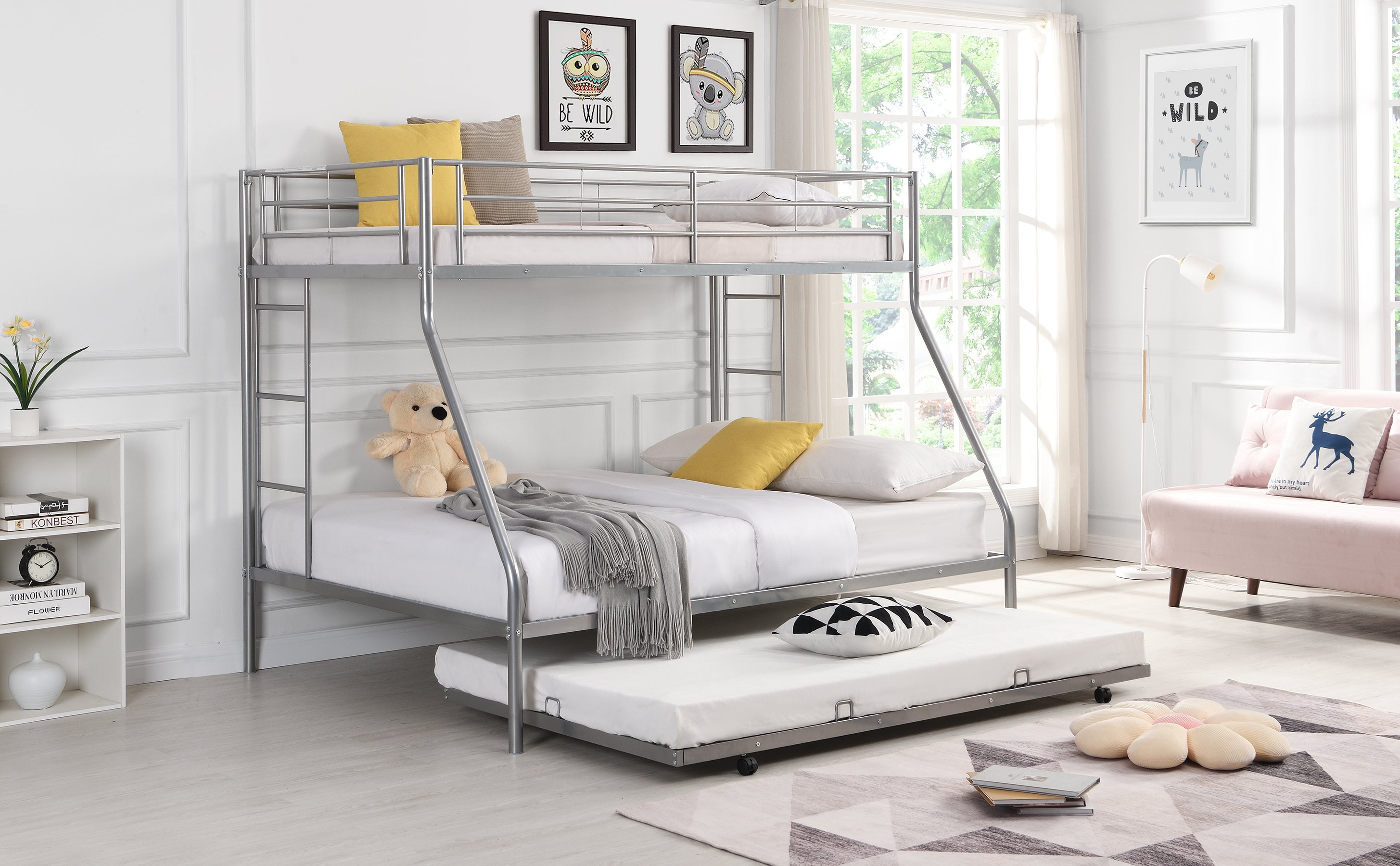 Twin over Full Bed with Sturdy Steel Frame (Silver)
