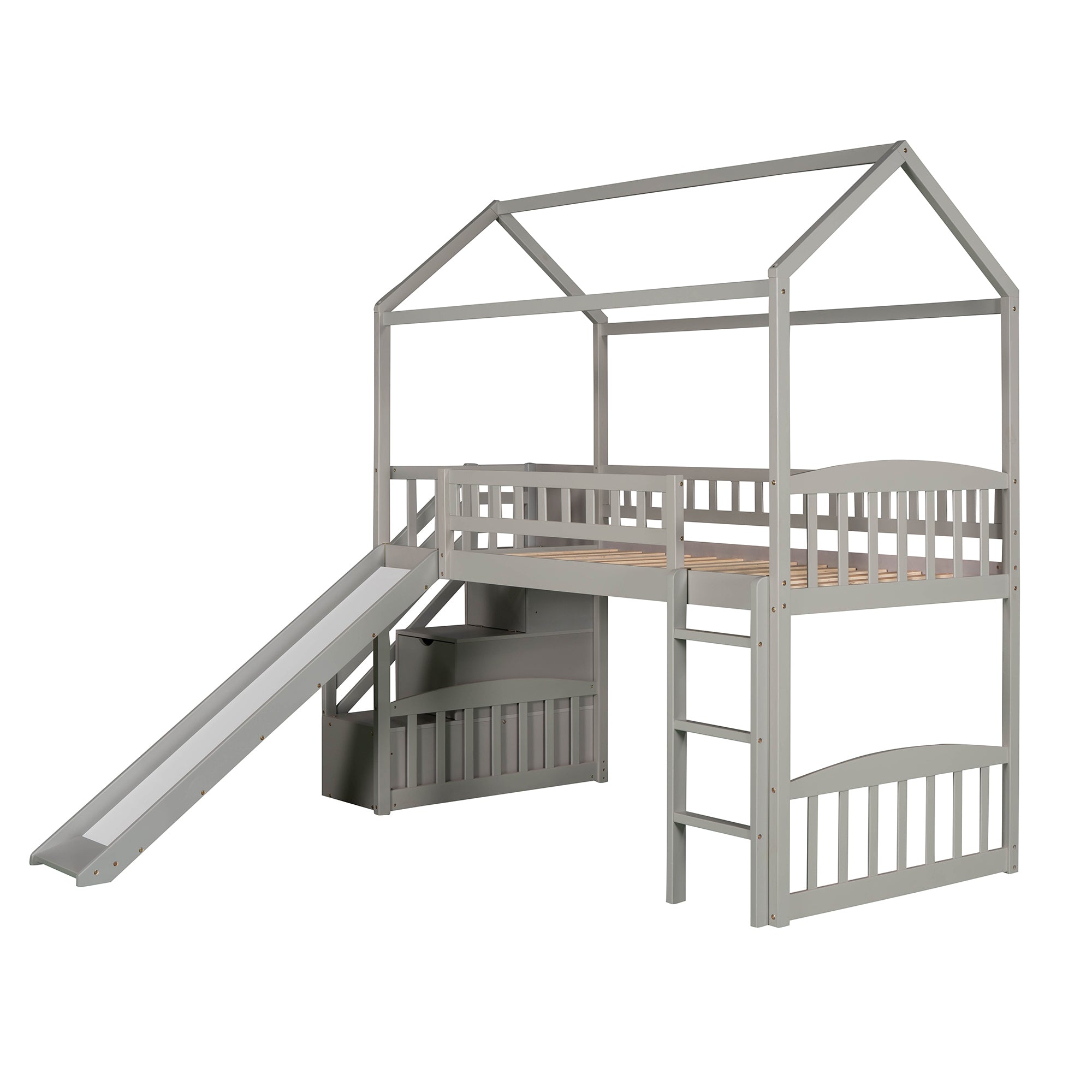 Twin Loft Bed with Two Drawers and Slide (Gray)