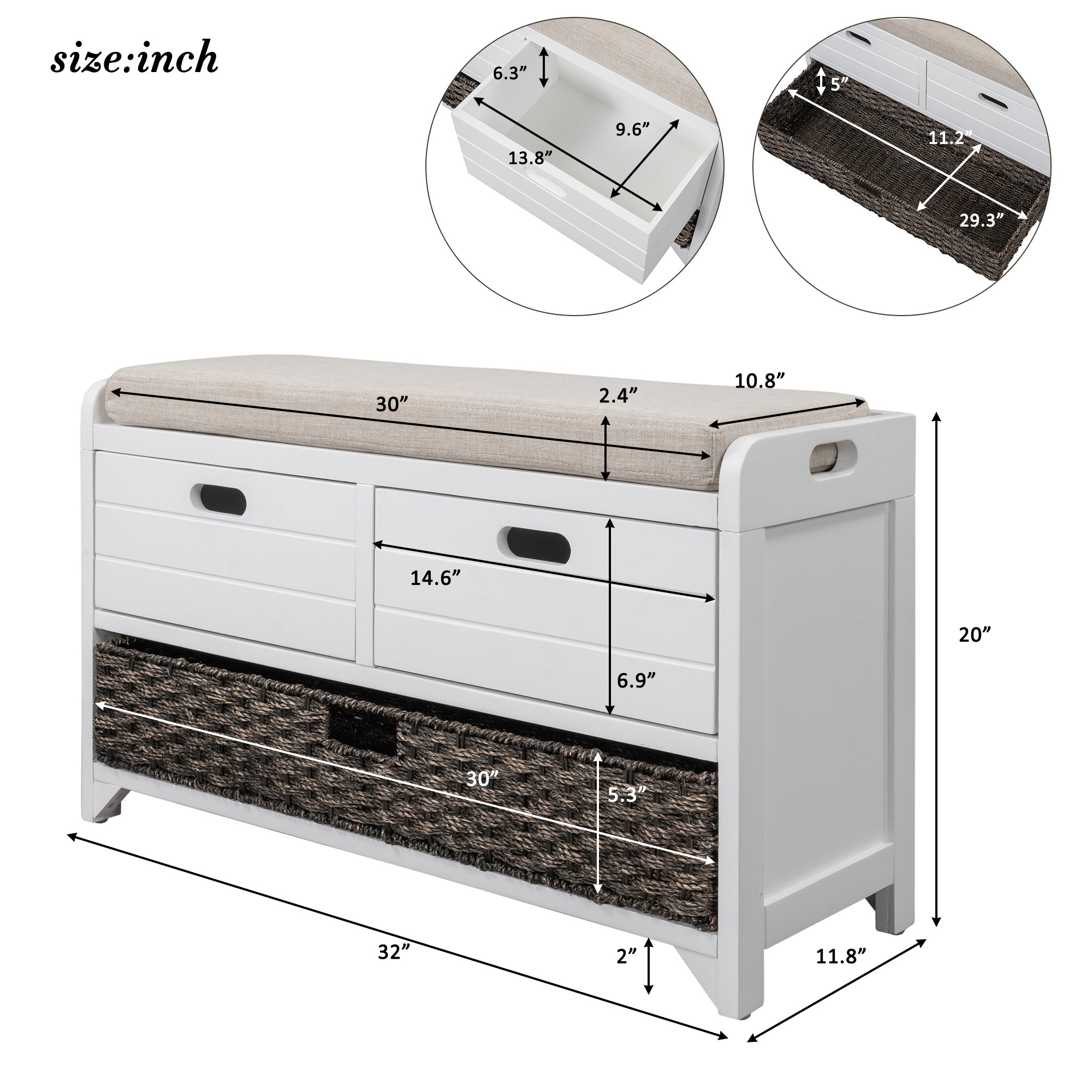 TREXM Storage Bench with Removable Basket (White)