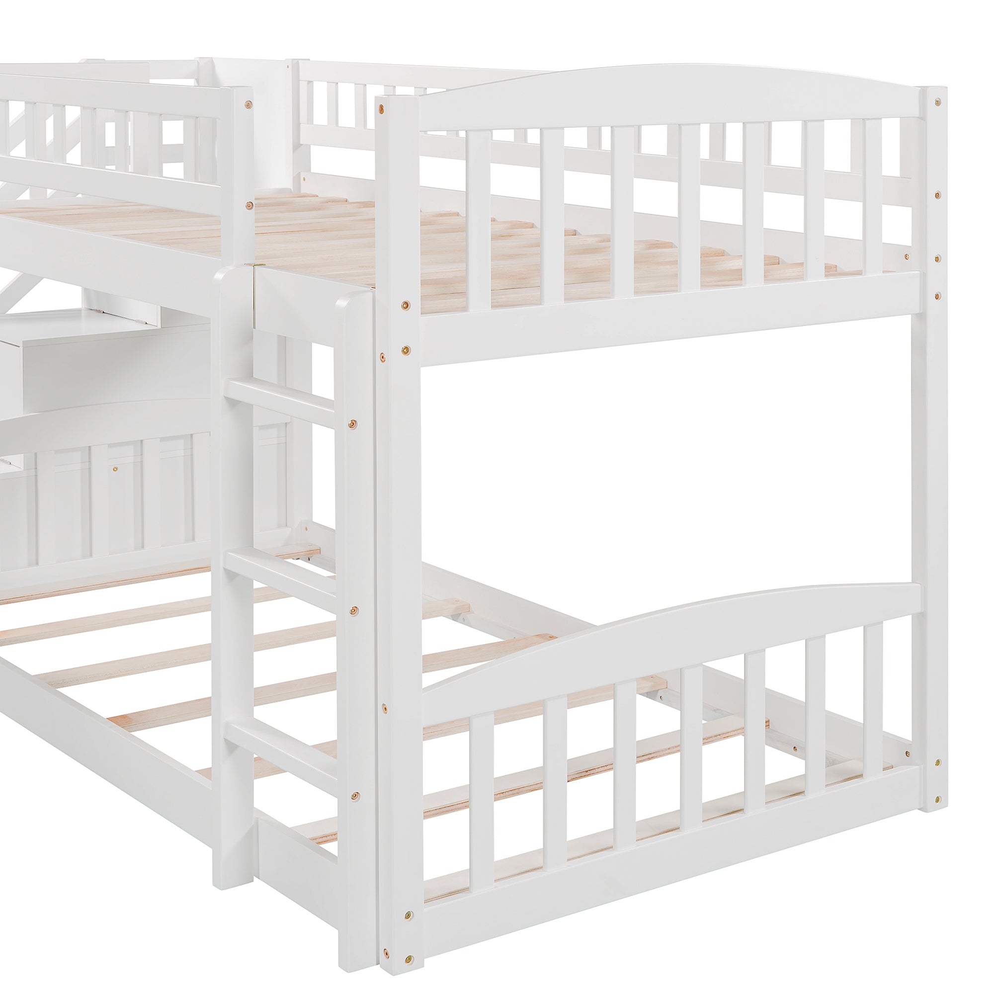 Stairway Twin over Twin Bunk Bed with Two Drawers and Slide (White)
