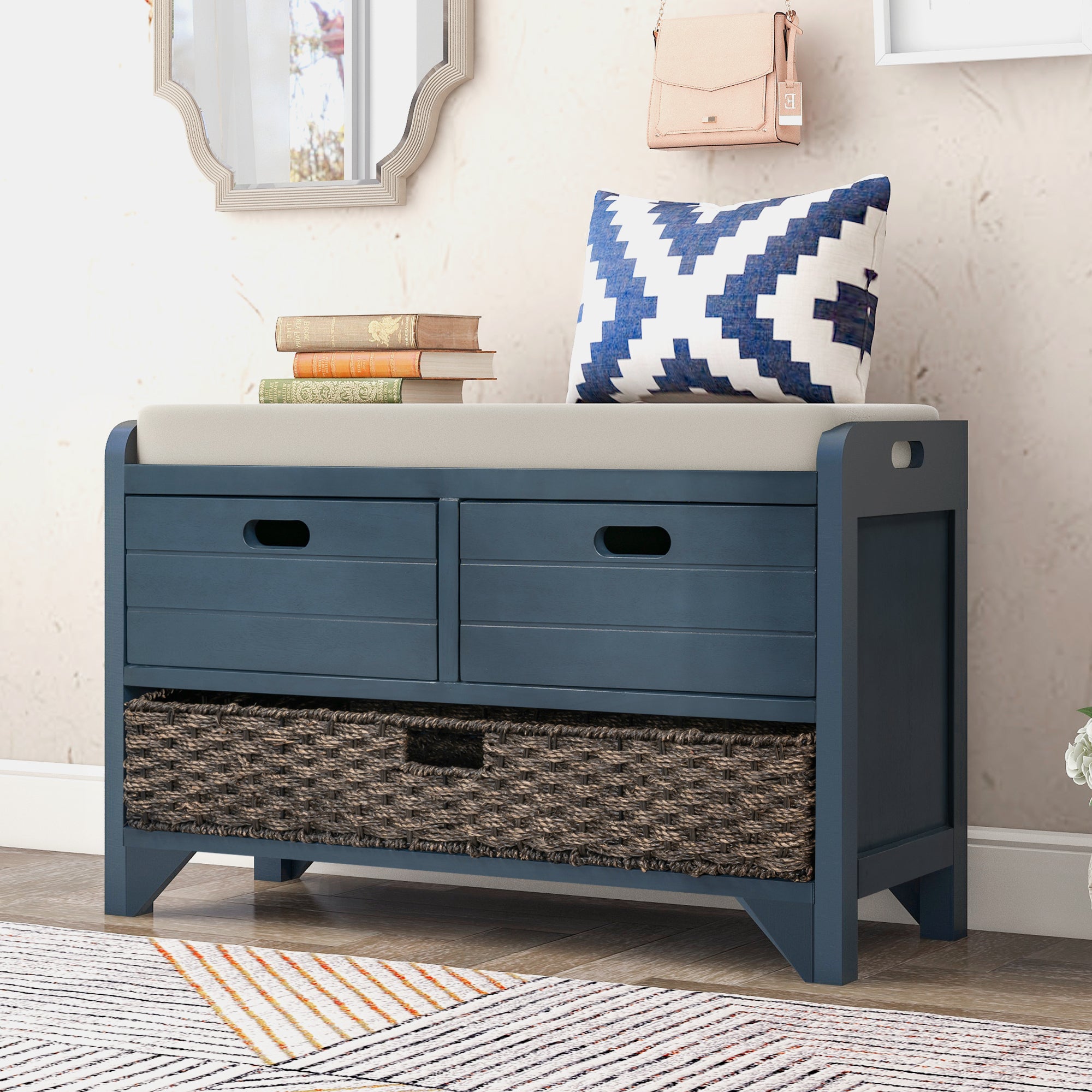 TREXM Storage Bench with Removable Basket (Navy Blue)