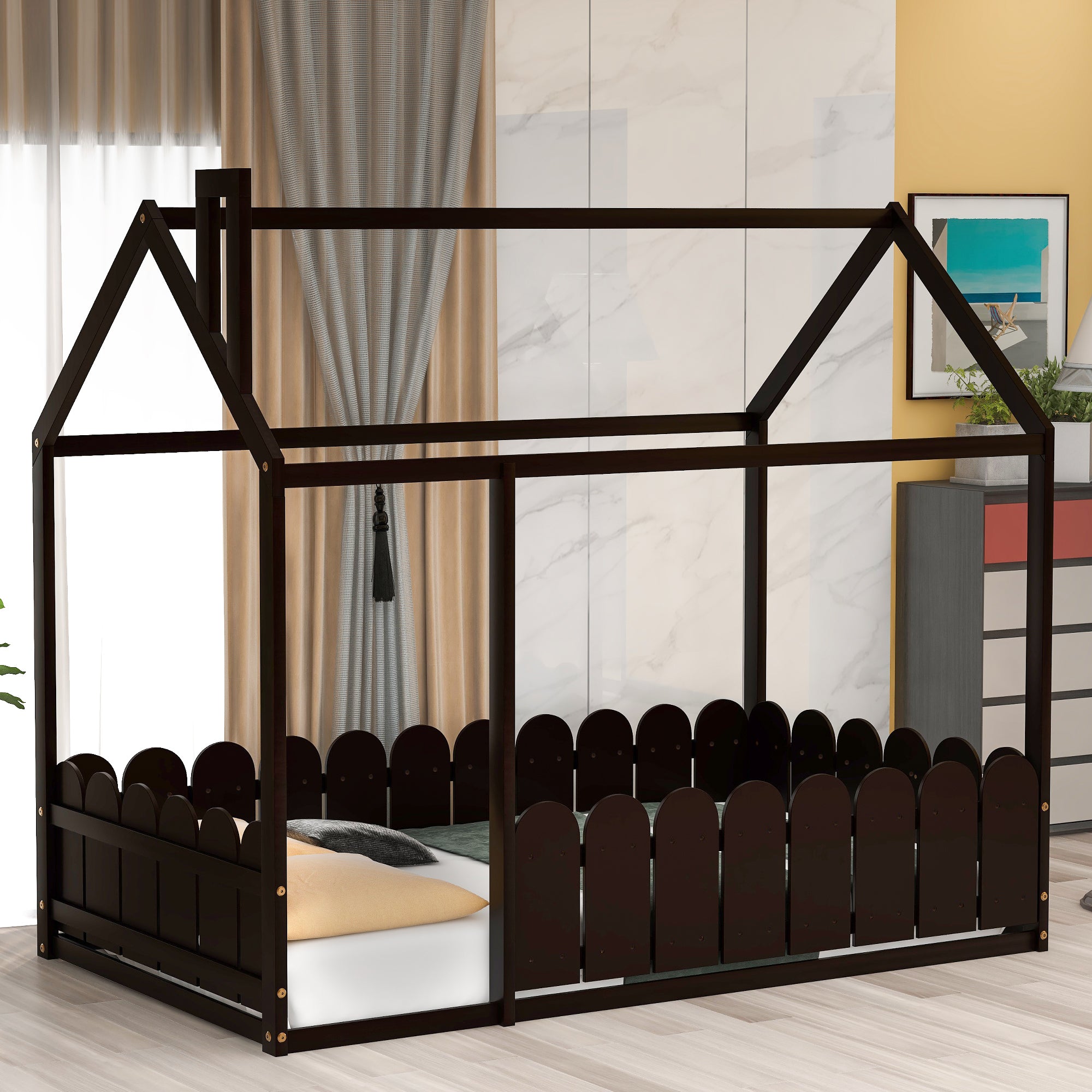 Twin Size Wood Bed House Bed Frame with Fence (Espresso )