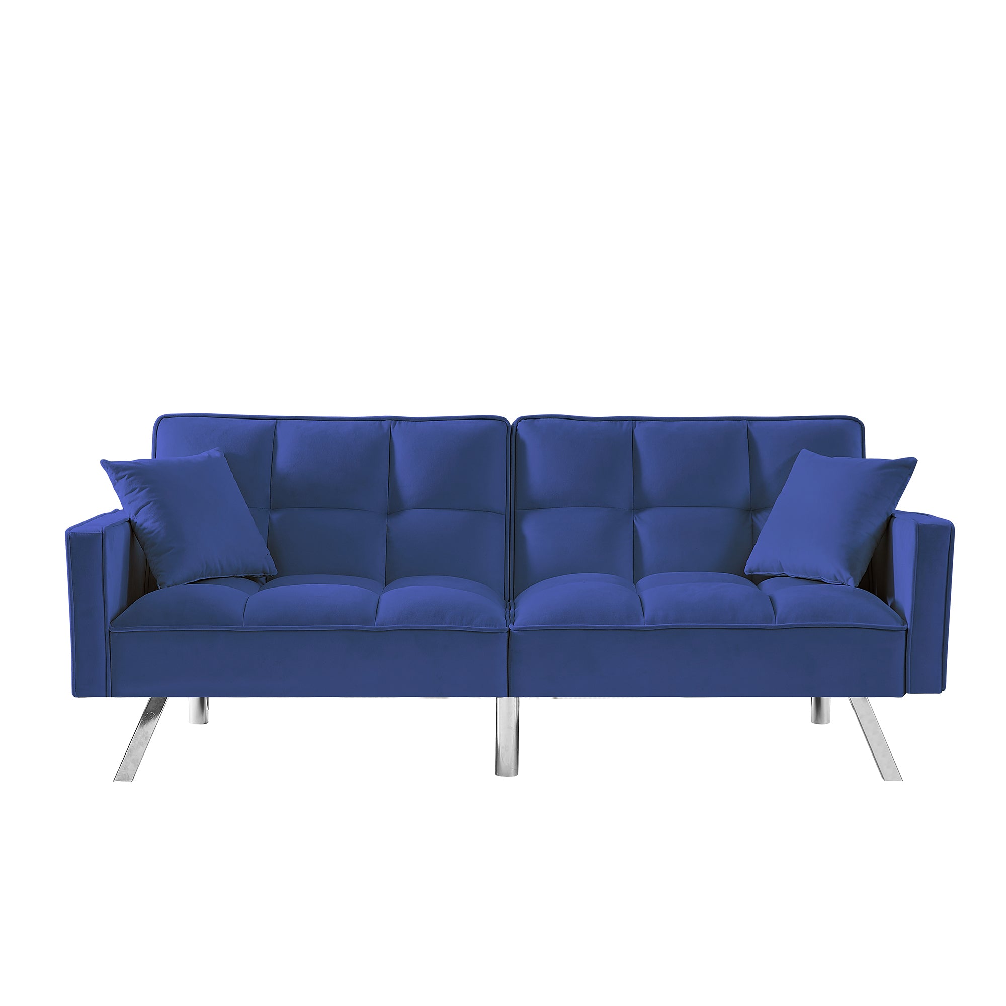 Modern Velvet Sofa Couch Bed with Armrests and 2 Pillows (Blue)